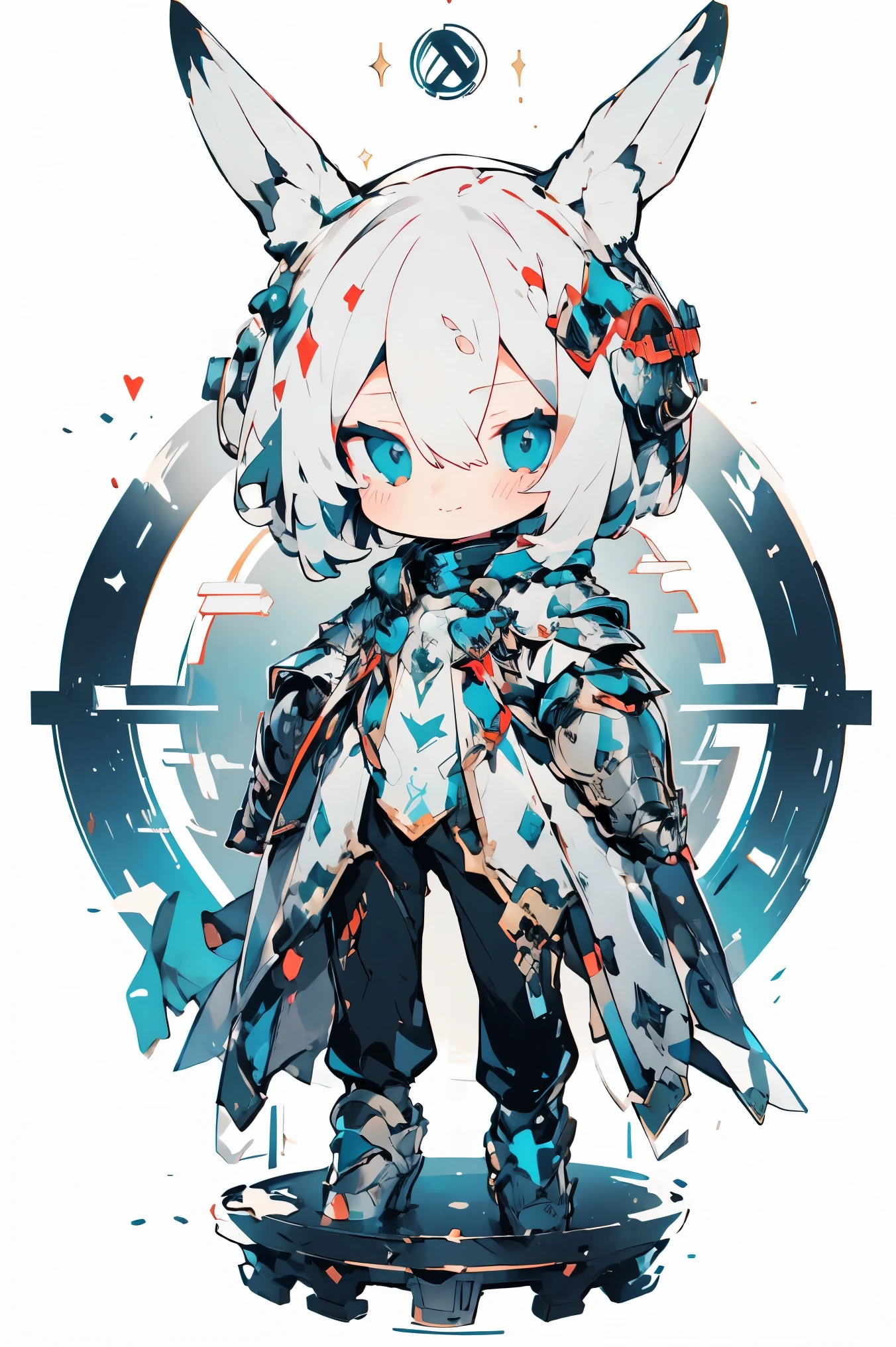 ((masterpiece)), accurate, textured skin, ((super detail)), high quality, high details, highres, best quality, chibi, knight, male, white hair, light smile, mechanical armor, rabbit ear