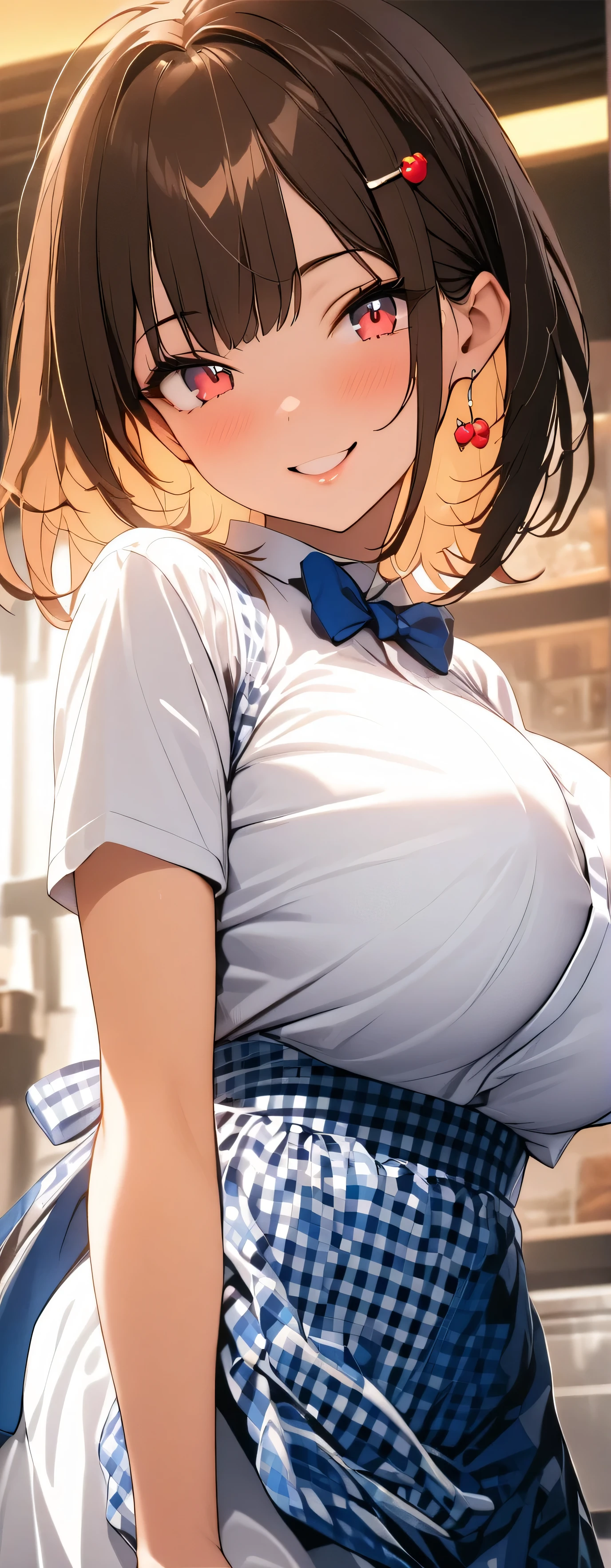 (Beauty: 1.3),One person,masterpiece, Highest quality, Ultra-high resolution,Rich contrast,super high quality,8k,Highly detailed CG unit wallpaper,texture,Unbelievably absurd,Ultra-high resolution,RAW Photos,Depth of Field 1.2,crew, blue bow, blue bowtie, white shirt, short sleeves, blue skirt, blue apron, gingham apron, employee uniform, high-waist skirt, waitress,(Brown Hair,Sharp bob,Berry Short),happy,Very fine eye,bigeyes,looking pleasured, (Perfect hands, Perfect Anatomy),Glowing Skin,Cute cat hairpin,restaurant,,Beautiful glossy lips,smile,(Large Breasts:1.8),kobeya uniform,(from below:1.3),四つん這い,尻を突き出す,Thong panty line