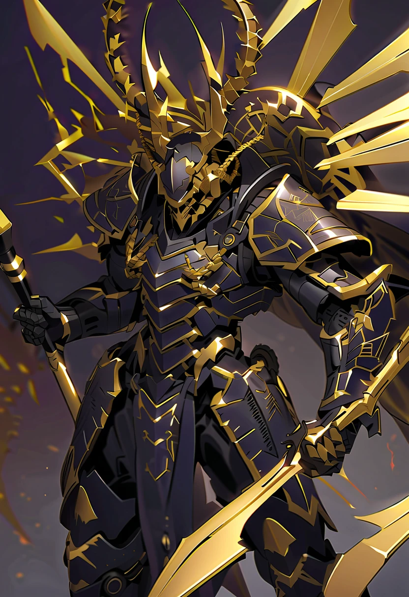 black armor with plates similar to scorpion exoskeletons covered with broken black haraps, the armor has scorpion decorations in many parts gold color , and his weapon is a spear similar to a scorpion's stinger