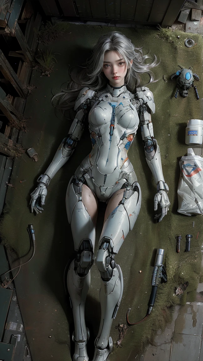 Girl with Eyes Closed,Extremely Detailed, Colorful, More Detailed,Solo,Full Body,Machine Joint,Mechanical Limbs,Blood Vessels Connected to Tubes,Mechanical Vertebra Attached to Back,Mechanical Cervial Attached to Neck,Lying Down,No Expression,Character Focus,Science Fiction, White Background, (Blood: 1,5)