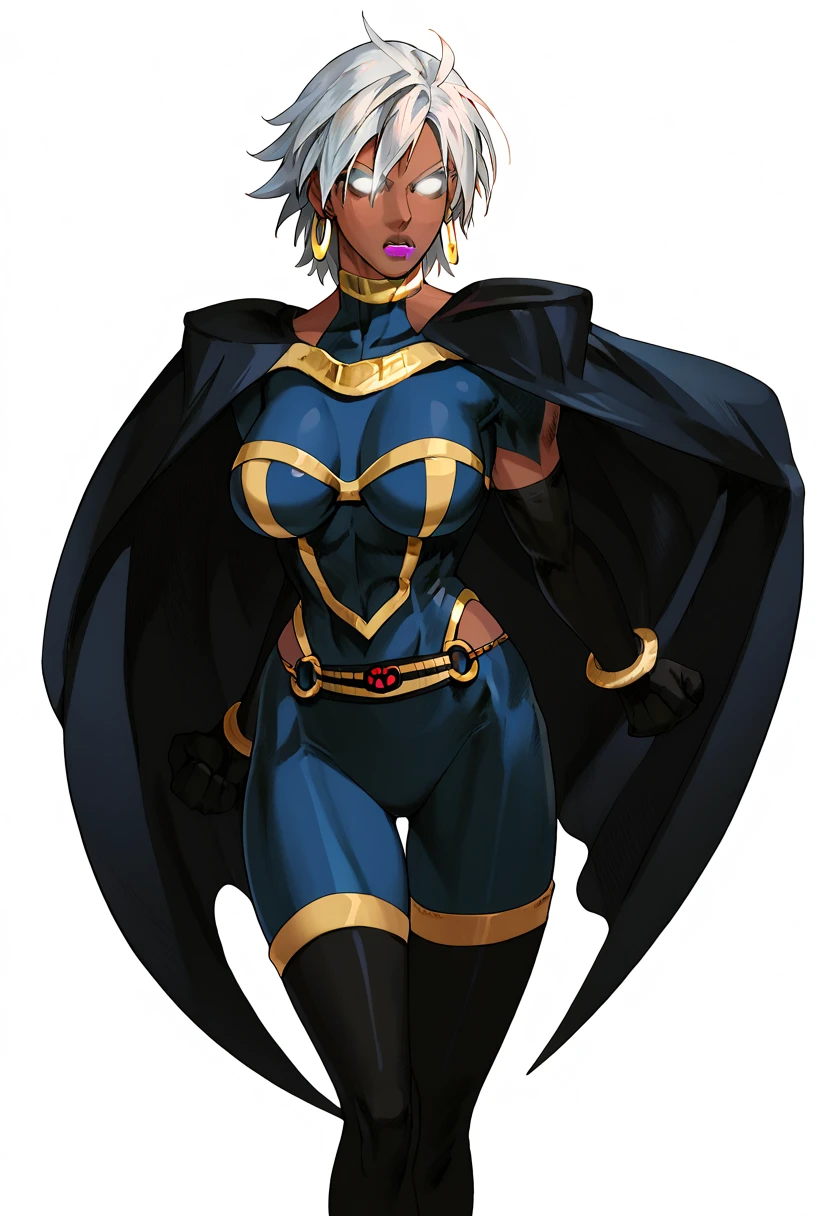 PonyXLV6_Scores BREAK (perfect anatomy, perfect eyes, perfect hands, absurd resolution, cowboy shot), BREAK ororo munroe, dark-skinned female, short hair, white hair, white eyes, lipstick, makeup, large breasts, athletic, curvy, toned, jewelry, earrings, bodysuit, cape, gloves, elbow gloves, thighhighs, flying, dynamic pose, superhero pose, MVC2style, simple background, white background,