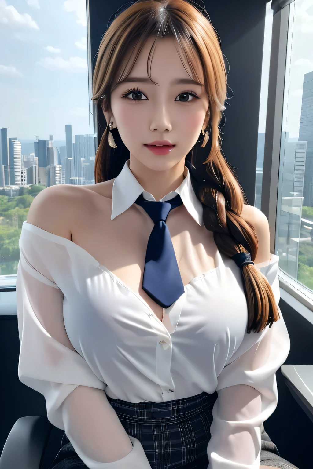 The most beautiful woman in the world, (masterpiece:1.3), the best quality, high resolution, ultra detailed, extremely detailed CG unity 16K wallpaper, realistic, photo-realistic, RAW photo, beautiful detailed face, detailed cloth texture, detailed hair texture, accurate, Anatomically correct, Highly detailed face and skin texture, (alone girl:1.8), beautiful girl, stunning beauty, real, smile, low angle, bending forward, entire body, (slender thighs), (large eyes: 1.1), double eyelids, professional camera work, sultry Korean idol, cute Korean idol, fair complexion, (captivating expressions: 1.2), (Random color clothes:1.6), (short skirt:1.2, white button-up shirt:1.5), (ample bosom: 1.2), (poses emphasizing the chest: 1.6), ((adorable beauty: 1.1)), beautiful chest, (blurry background), ponytail hairstyle, (beautiful blown hair, curly, sleek hair, bangs), beautiful face and eyes, cowboy pose, multicolored hair, gradient hair, braided ponytail, curly hair, twin drills, ponytail, mole under eye, mismatched pupils, aqua eyes, closed mouth, naughty, Expressionism, sparkle, depth of field, god rays, UHD, retina, masterpiece, curate, anatomically correct, best quality, award winning, 16k, The most beautiful woman in the world, (masterpiece:1.3), realistic
