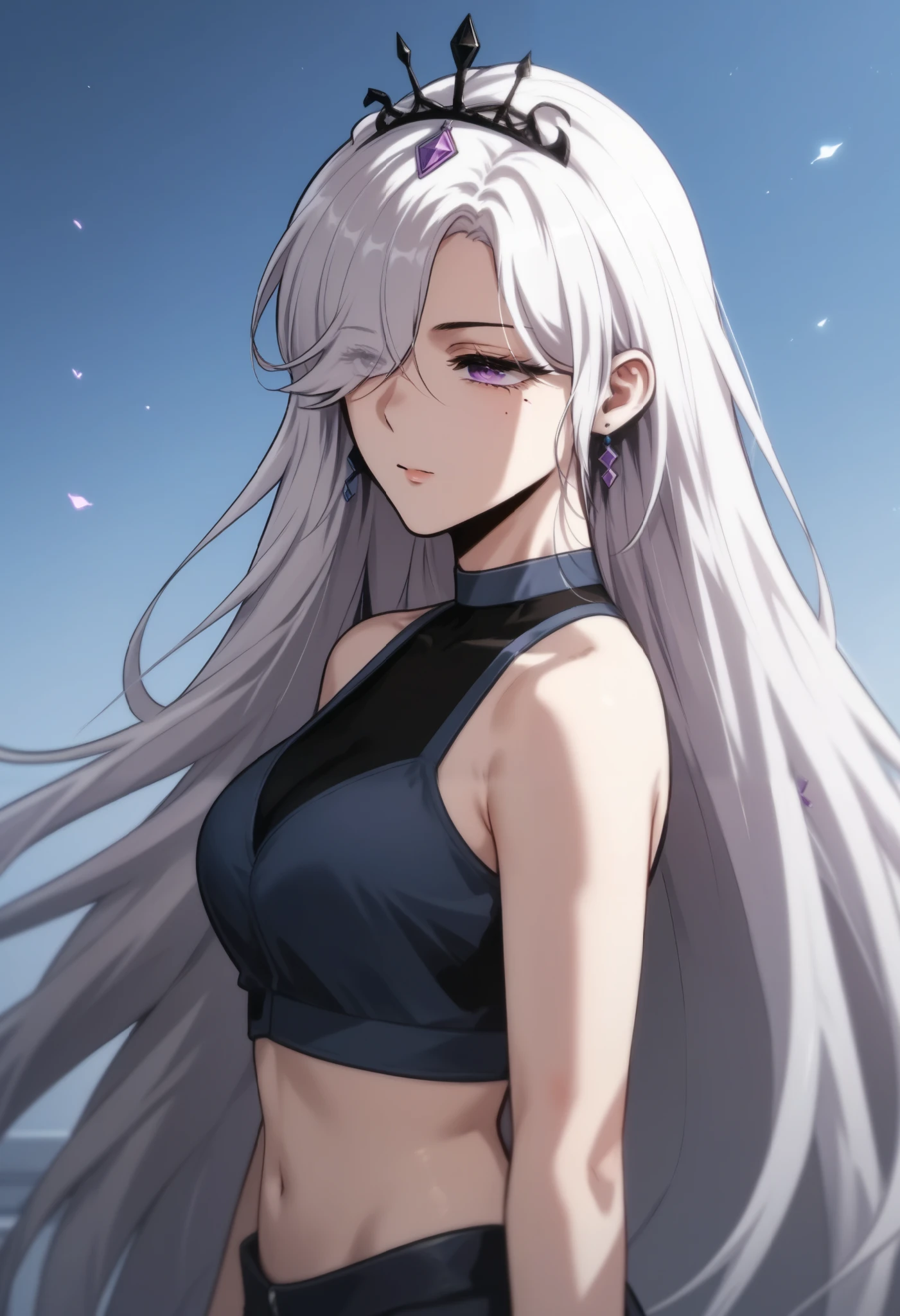 1girl, solo,long hair, white hair, purple eyes, bare shoulders, mole under eye, bangs, hair over one eye,earrings, tiara, crown, hair ornament,shorts,midriff
