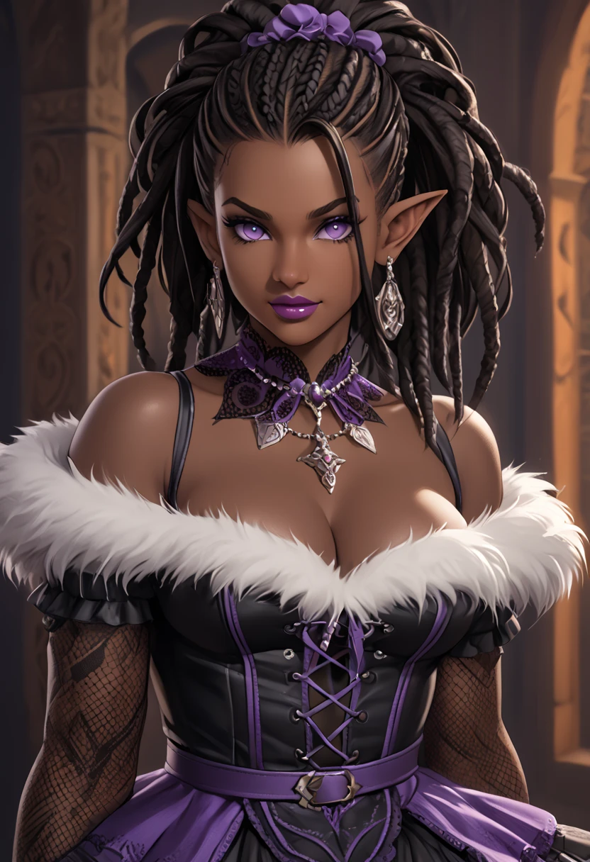 (Concept Art) of an (African-American) female, with dark (black dreadlocks), purple eyes, dark (brown skin), (pointed ears), (slutty assassin), sexy black robe, (lust) demon, (medium shot), perfect composition, hyper-detailed, 8K, high quality, (perfect eyes), trending art, sharp focus, studio photo, intricate details, (Pin-up) pose