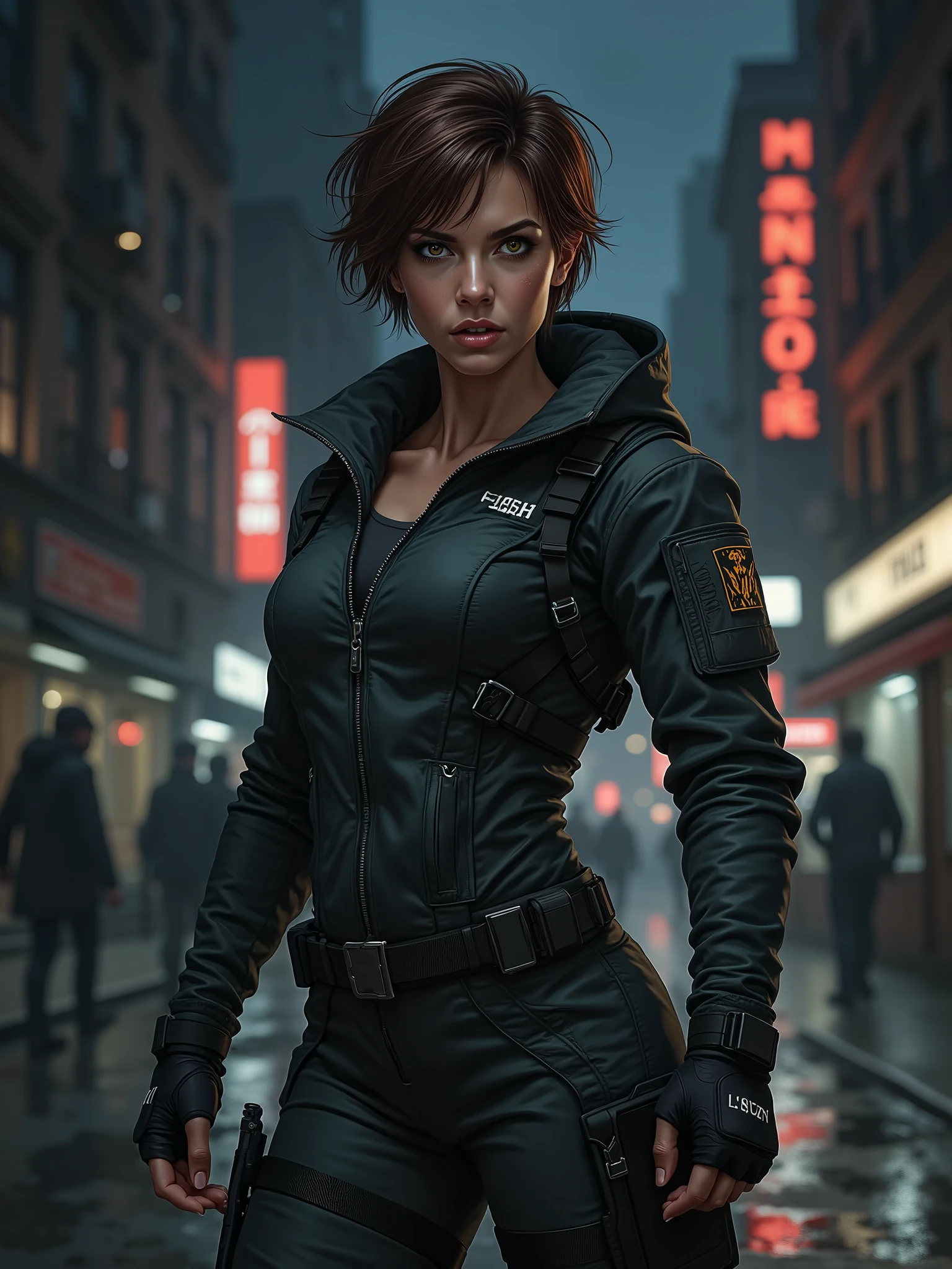 illustration, a woman in her 30s, short brown hair , light brown eyes, open mouth, aggressive face, Pose in Guardia de Lucha, modern mercenary tactical clothing in dark grey and black. In the background, a dark and sinister street in a big city, in the middle of the night .