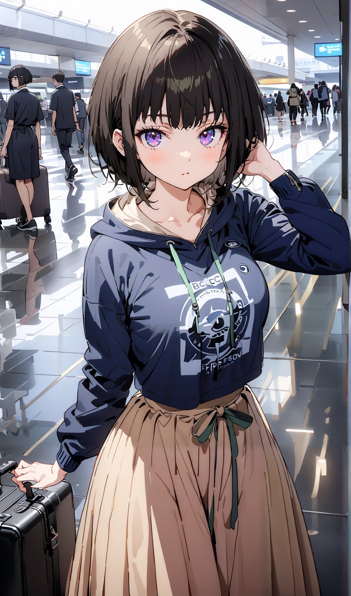Takiuchikami, check it out, long short hair , bob cut, bangs, black hair, purple eyes,Medium breast,Blue oversized hoodie , Long Sleeve, white long skirt, Bbo~, suitcases, standing,whole bodyがイラストに入る入るように,
break indoors,airport,lobby,
break looking at viewer,whole body,
break ( Masterpiece:1.2), top quality , kampala, Unity 8k Wallpaper,(shape:0.8),( fine, beautiful eyes :1.6),It's a person ,whole body写真,CG Details , ( perfect hands, Complete Anatomy),