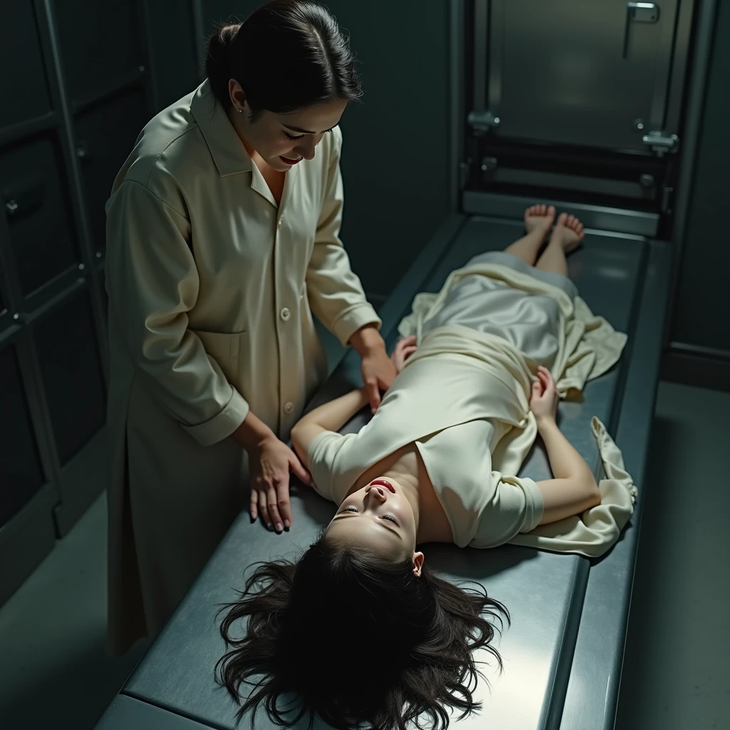 In a morgue,a woman dressed in white is crying next to the dead body and the atmosphere is creepy