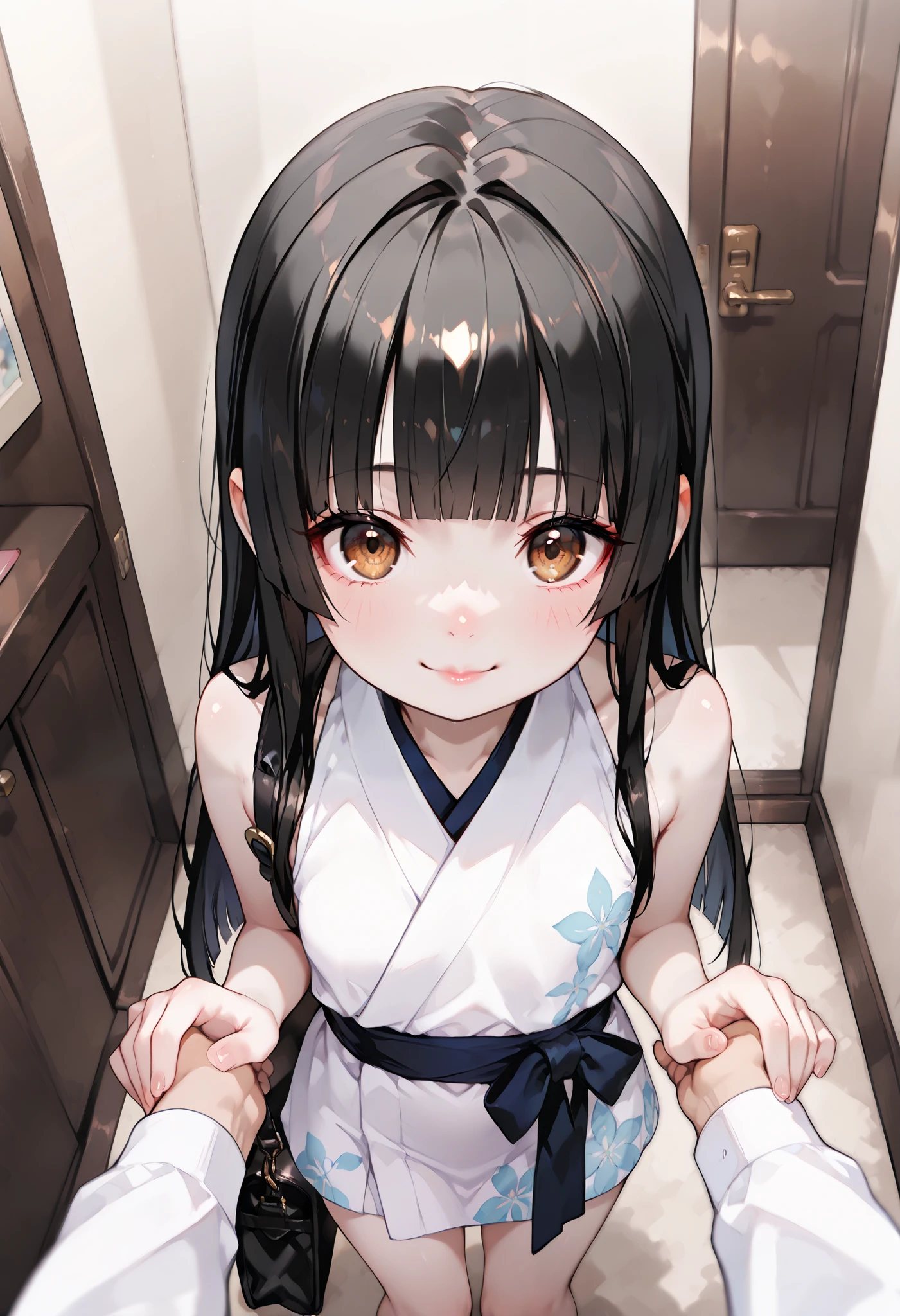 Masterpiece, best quality, vibrant, very aesthetic, high contrast, semirealistic, newest, 1girl, solo, very young and prepubescent girl, Japanese girl, 8--old, e skin tone, a height 137.16cm, weighs 27.216kg, bright and sweet demeanor, milky skin, long silky straight black hair with strands framing face, blunt bangs, hime cut, brown eyes, obsessed and submissive filled eyes extremely beautiful, model level beauty, full lips, cute nose, slim waist, loli and lean appearance, loli, tiny figure, flat breasts, small sleeveless and short kimono, submissive and eager expression. Scene: A prepubescent Japanese girl entering a penthouse apartment foyer, showing off her 137.16cm height, holding onto her duffle bag, Personality: horny, very affectionate, cute. smiling. cute pose, looking at viewer. Chibi, ss_highangle, from above, pov, dynamic high angle, zoomed out