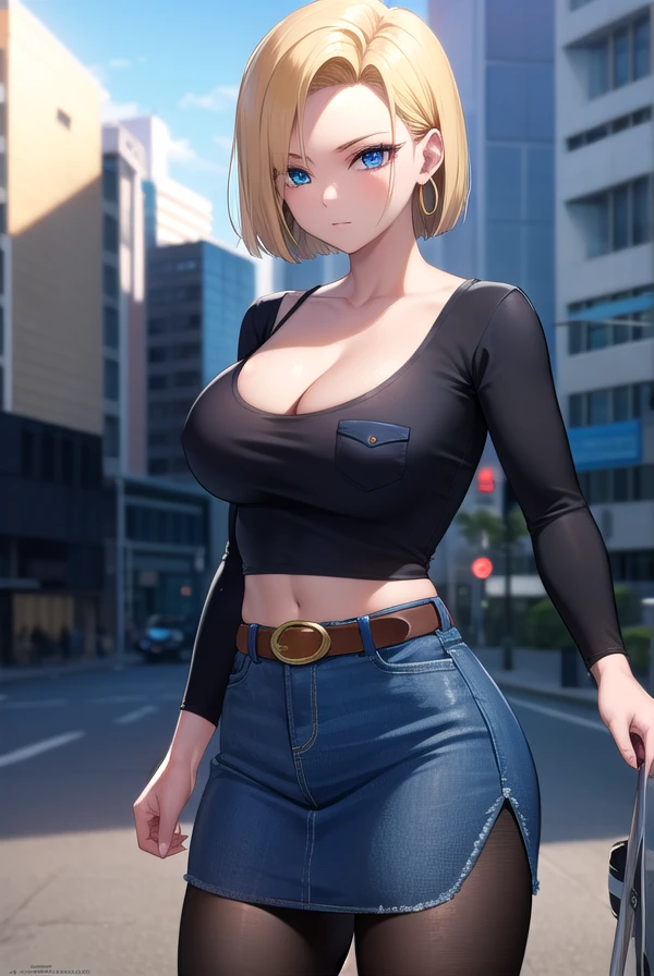 android 18, android 18, blonde hair, blue eyes, eyelash, hoop earrings, short hair, earrings, break belt, black legwear, black shirt, breast pocket, cleavage, clavicle, denim, denim skirt, high-waist skirt, jewelry, long sleeve, pocket, shirt, shirt tucked in, skirt, striped, striped sleeves, waistcoat,, break outdoors, city, null, cloud, sun, break looking at viewer, (cowboy shot:1.5), break (masterpiece:1.2), highest quality, High resolution, unity 8k wallpaper, (shape:0.8), (beautiful and detailed eyes:1.6), highly detailed face, perfect lighting, Very detailed CG, (perfect hands, perfect anatomy), panty, peep panties, wet panties, peeping bra, blush nose,  sfw, panties,