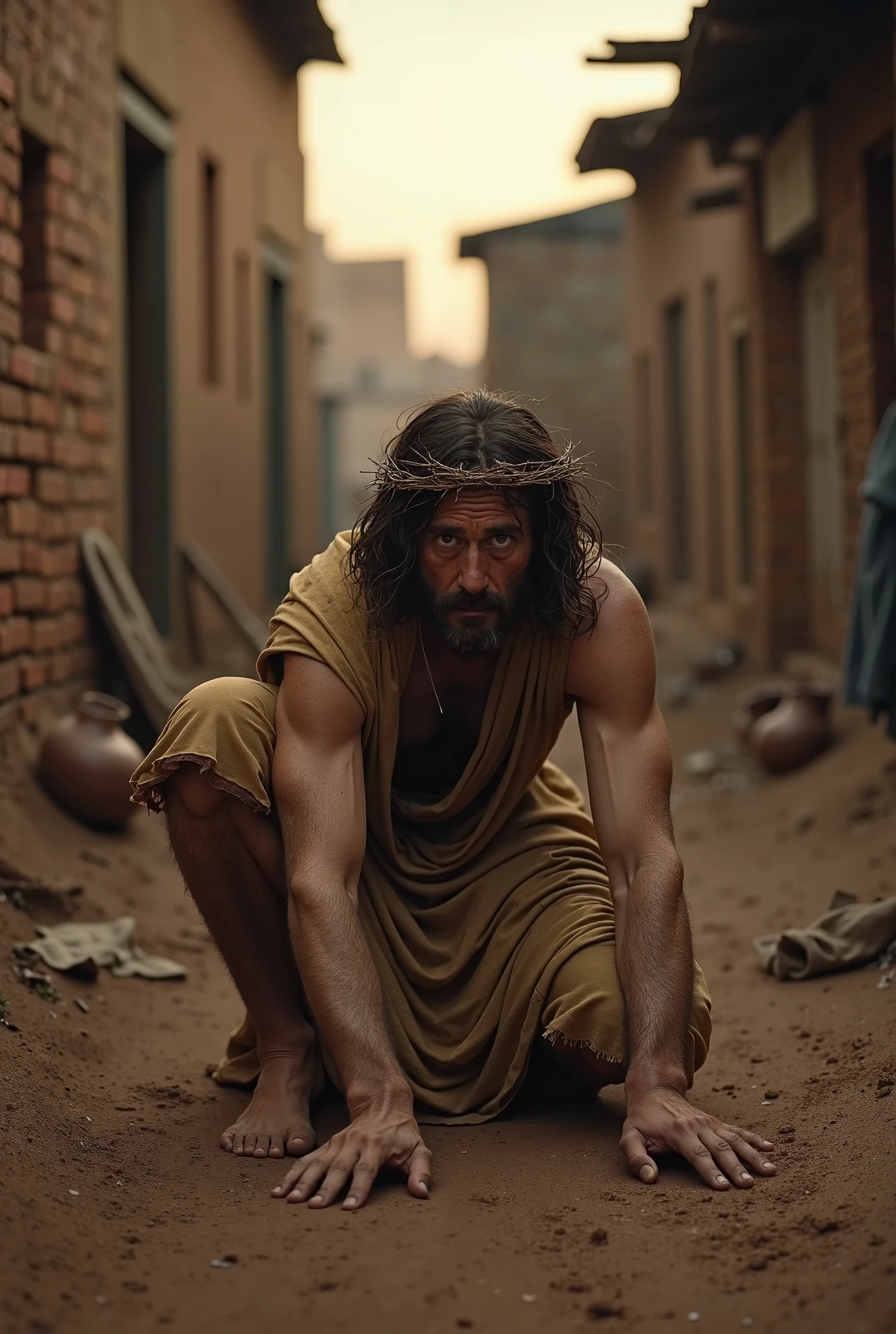 "Create a realistic illustration of Job, as described in the Bible, depicted in a dramatic scene before the house of a wealthy man of antiquity. Job must be visibly suffering, with ulcers and sores covering his body, from the feet to the head. The expression on your face must convey pain and despair., but also a deep dignity. Ao fundo, the house must be imposing and rich, reflecting the opulence of the time, with ancient architectural details. The atmosphere must be gloomy, evoking Job's inner struggle and the injustice of his suffering. This image will be used in a scene from a YouTube video, proto, must be impactful and emotional."