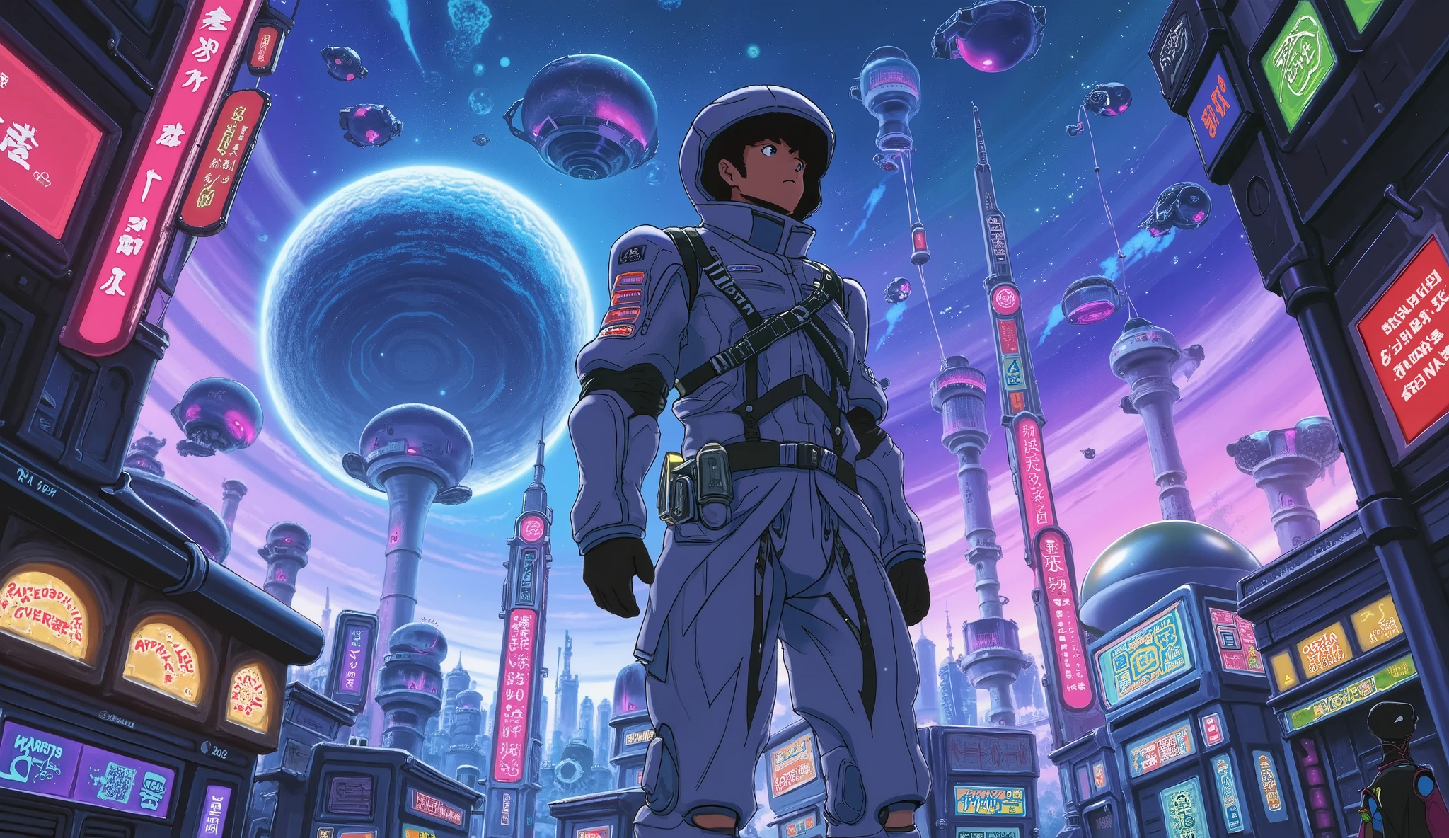 an astronaut in an intergalactic port , galaxy, anime, officer