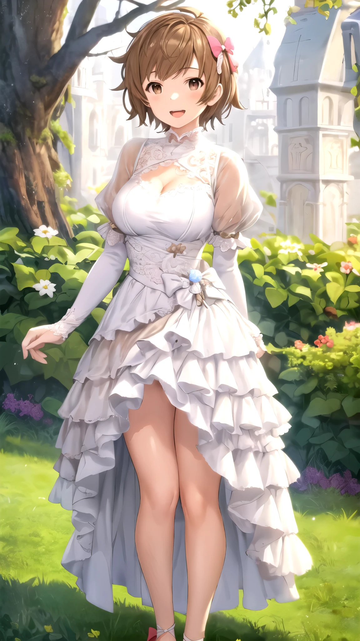 Lumine | genshin impact, master-piece, bestquality, 1girls,25 years old, proportional body, proportional., Wedding Dresses, White Wedding Dress, Long skirt, wedding, mediuml breasts, ,bara, Standing in the middle of a flower garden, outdoor, wedding, The sky is beautiful, Both hands hold a bouquet of flowers..., View viewers from the front., Thigh strap, Head tilt, bored, 10, 10, HD, slight smile,