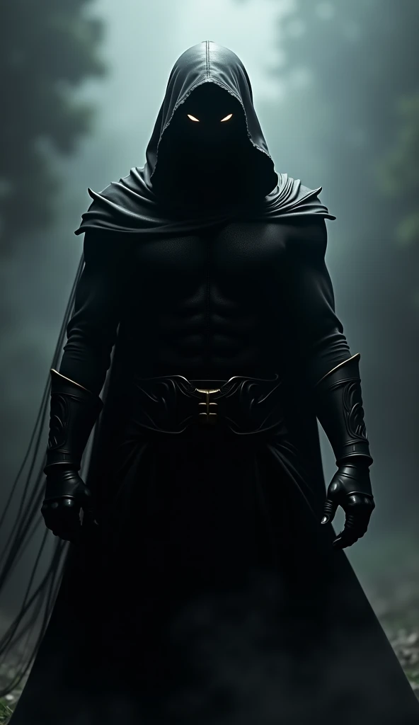 Create a tall, muscular man with a gray porcelain mask , and black leather armor covering his entire body with a black crown , and he has chains in his hand as a weapon with a black aura