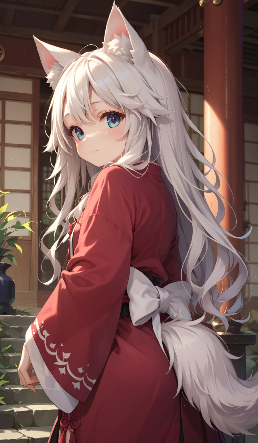 Small Very young wolf girl in a shrine maiden outfit acting cute and playful at a shrine, Long wavy white hair with white wolf ears and a fluffy white tail.