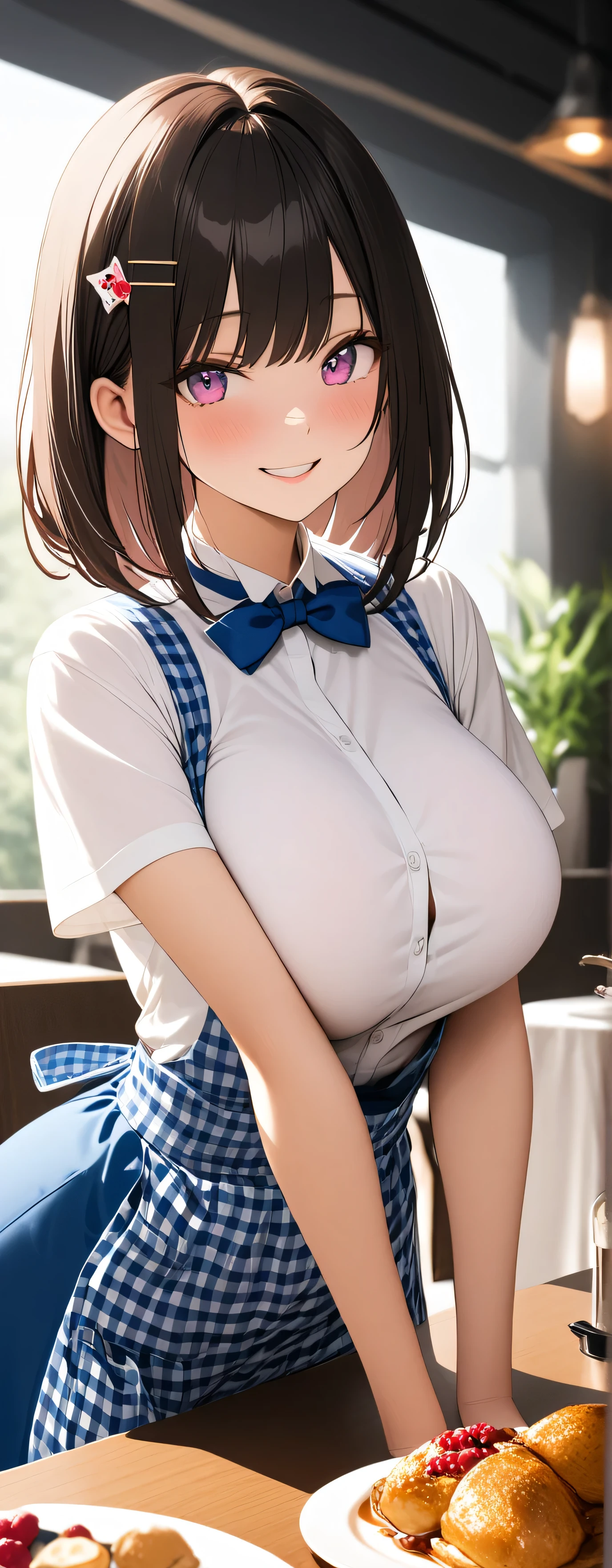 Anime girl with a blue and white dress and a blue bow tie - SeaArt AI