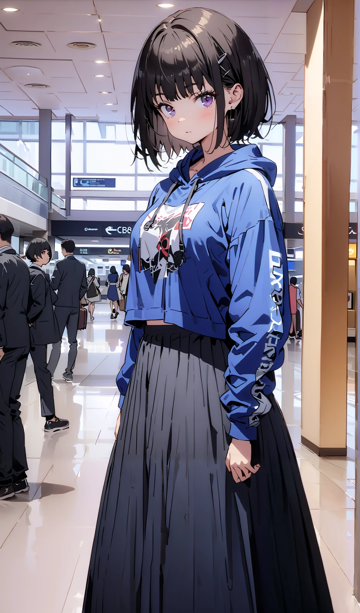 Takiuchikami,  check it out, long short hair , bob cut, bangs,   black hair,   purple eyes,Medium breast,Blue oversized hoodie , Long Sleeve, white long skirt, Bbo~, suitcases, standing,whole bodyがイラストに入る入るように,
break indoors,airport,lobby,
break looking at viewer,whole body,
break ( Masterpiece:1.2), top quality , kampala, Unity 8k Wallpaper,(shape:0.8),(  fine, beautiful eyes  :1.6),It's a person ,whole body写真,CG Details , ( perfect hands, Complete Anatomy),