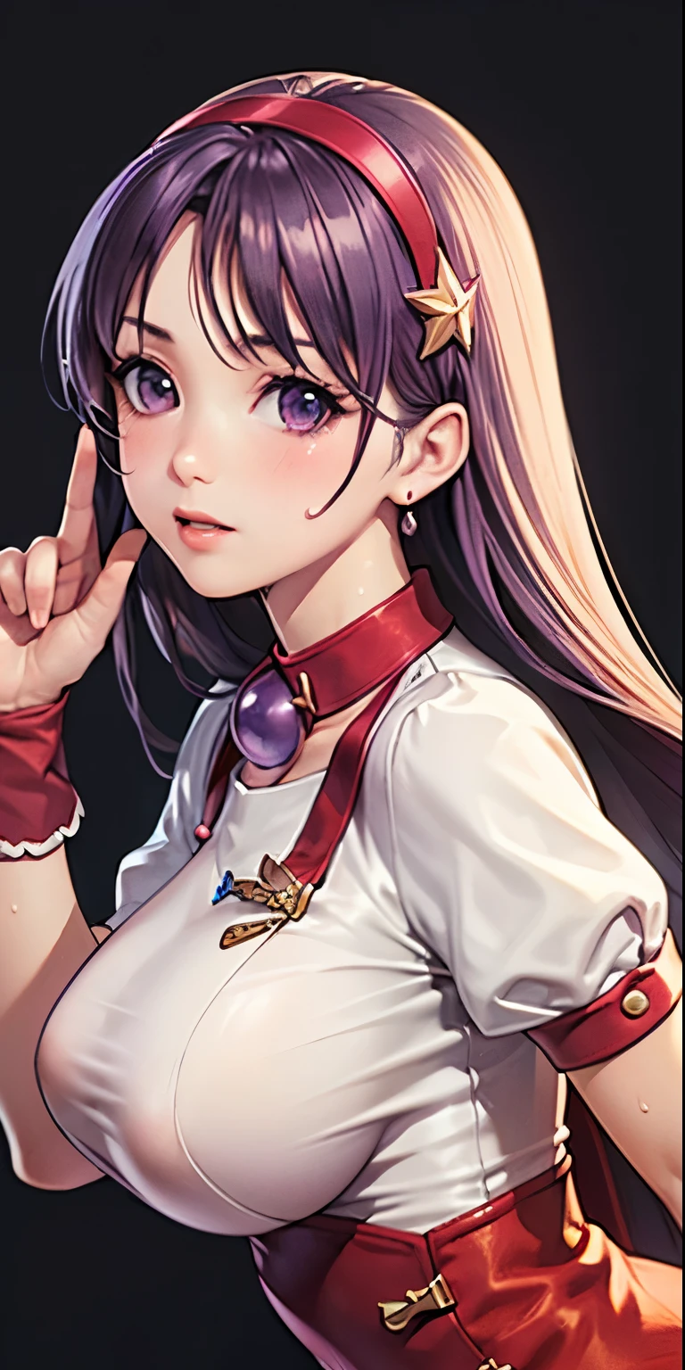  1 female, high definition, High resolution,  ultra-realistic  ,8K,AA1 ,  purple hair,  long hair, diadema,  long hair, collar, (Pussy),(pubic hair),  pending,  red dress,  short, bulging sleeves, white sleeves, wristband, tight dress,European, Pictured from the front, Dynamic Angles ,blush, (big tits),  pretty face, facial, sweat,  perfect face,  Perfect body,(muslos anchos:1.3), pretty face ,camel toe,  perfect face,  Detailed face
