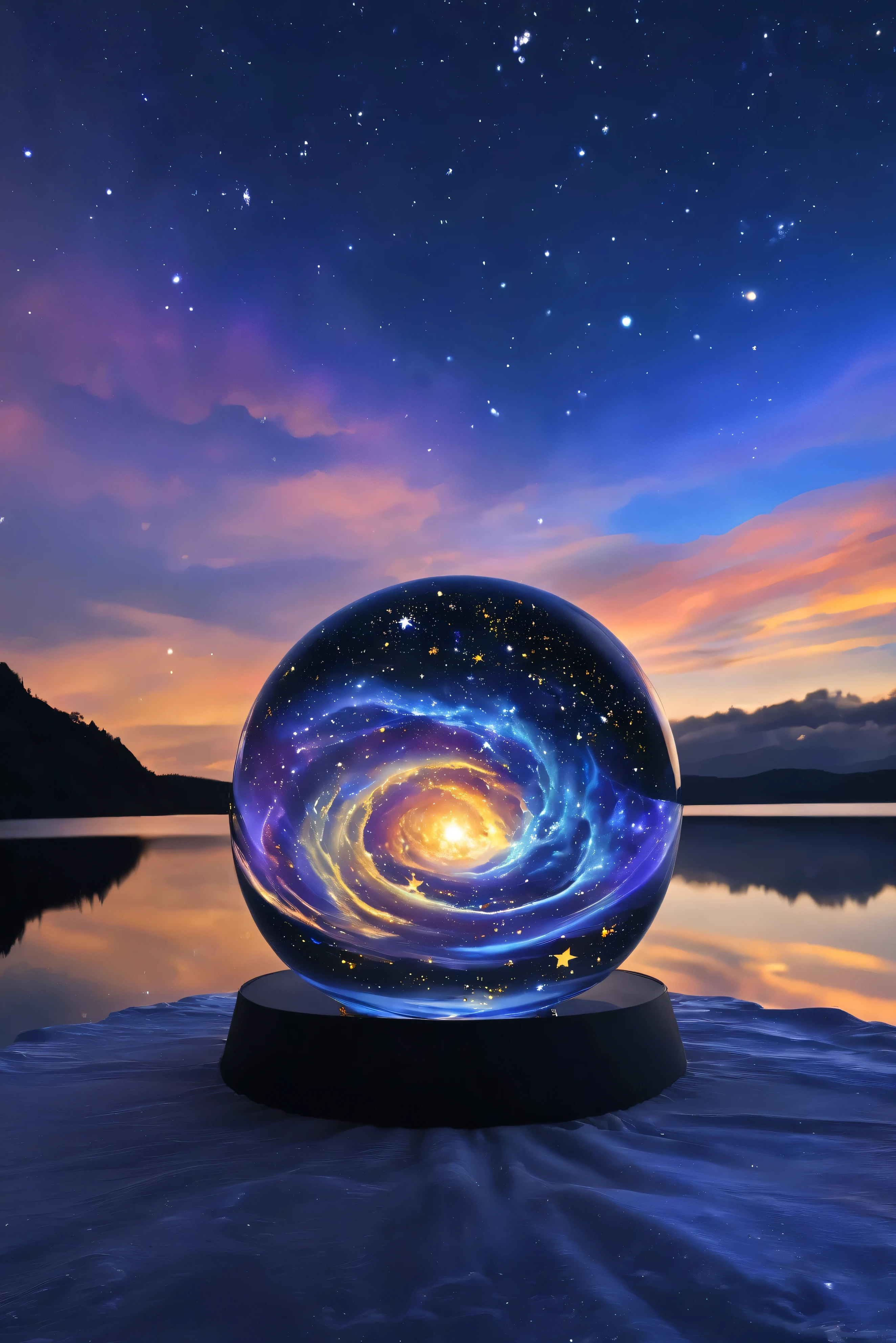 A glass sphere floating on the surface of the water、There are a lot of stars inside、Beautiful Clouds、 Fantastic、 high image quality、 midnight、 Cosmic Space