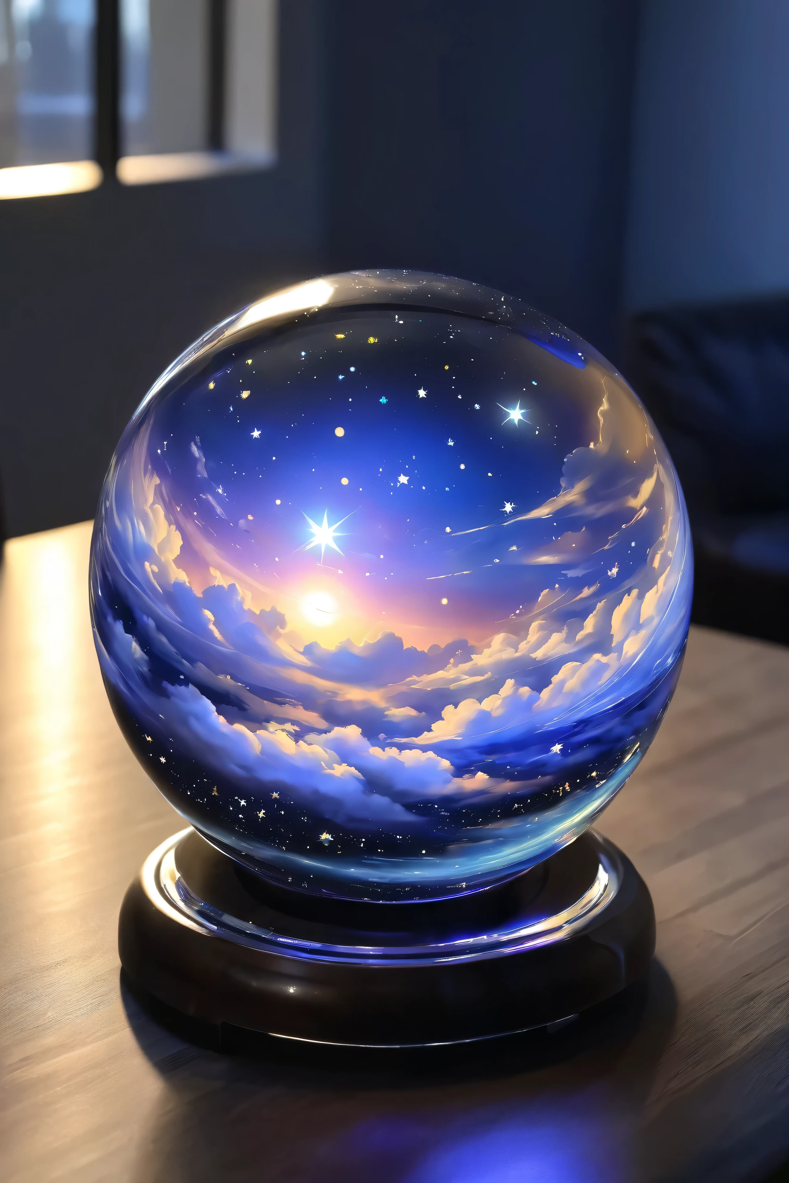 Glass sphere、There are a lot of stars inside、Beautiful Clouds、 Fantastic、 high image quality、 midnight