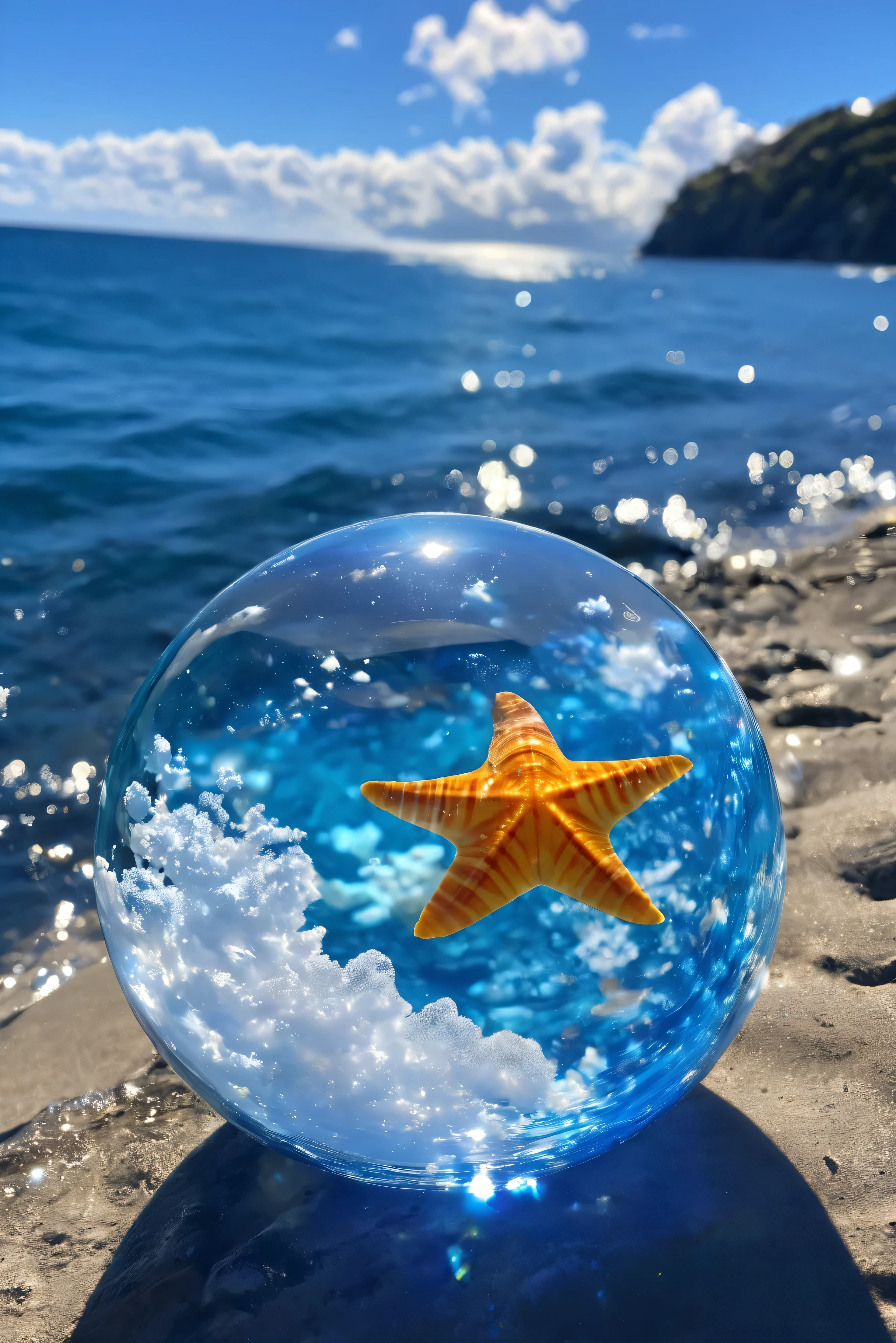 A glass sphere floats in the ocean、Shining Star、Beautiful Clouds、 Fantastic、 high image quality、shell