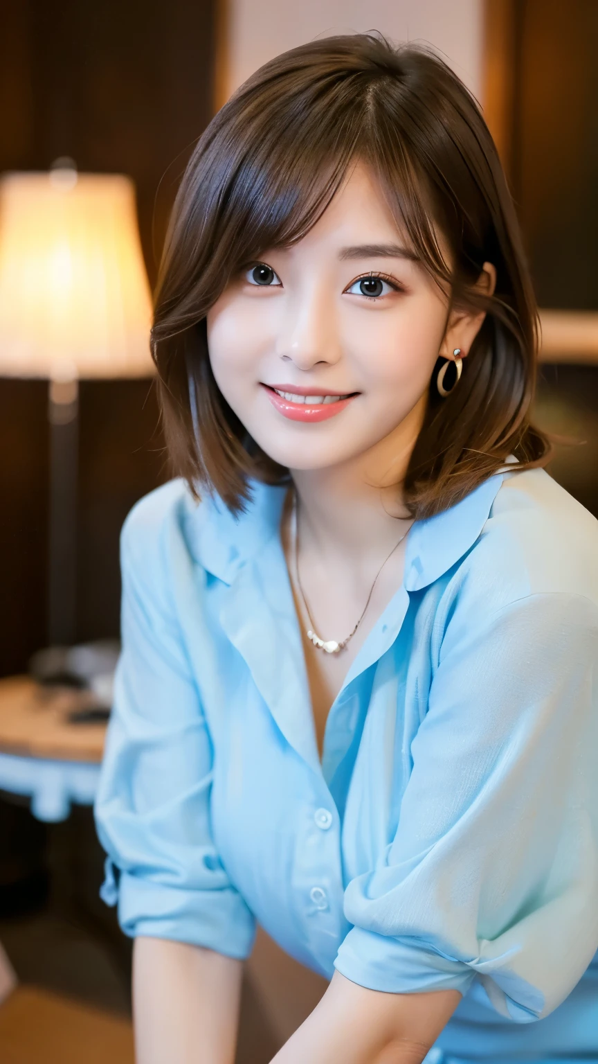 ((masterpiece)), ((Highest quality)), ((Complex)), ((Surreal)), (Realistic), (Mature Woman), ((No classes)), Very detailed, (1 female), Beautiful and exquisite, (Beautiful Teeth), Grin, Brunette Bob Hair, Brown eyes, ((blouse)), (Upper Body), (background:none), Perfect Eyes, Captivating eyes, Looking at the audience