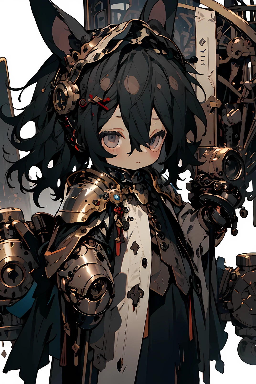 ((masterpiece)), accurate, textured skin, ((super detail)), high quality, high details, highres, best quality, chibi, knight, male, black hair, light smile, mechanical armor, rabbit ear