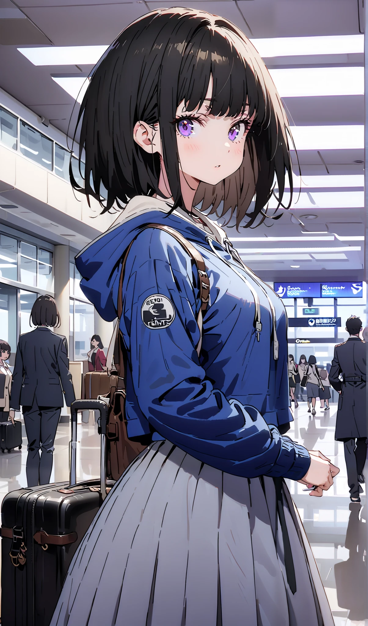 Takiuchikami, check it out, long short hair , bob cut, bangs, black hair, purple eyes,Medium breast,Blue oversized hoodie , Long Sleeve, white long skirt, Bbo~, suitcases, standing,whole bodyがイラストに入る入るように,
break indoors,airport,lobby,
break looking at viewer,whole body,
break ( Masterpiece:1.2), top quality , kampala, Unity 8k Wallpaper,(shape:0.8),( fine, beautiful eyes :1.6),It's a person ,whole body写真,CG Details , ( perfect hands, Complete Anatomy),