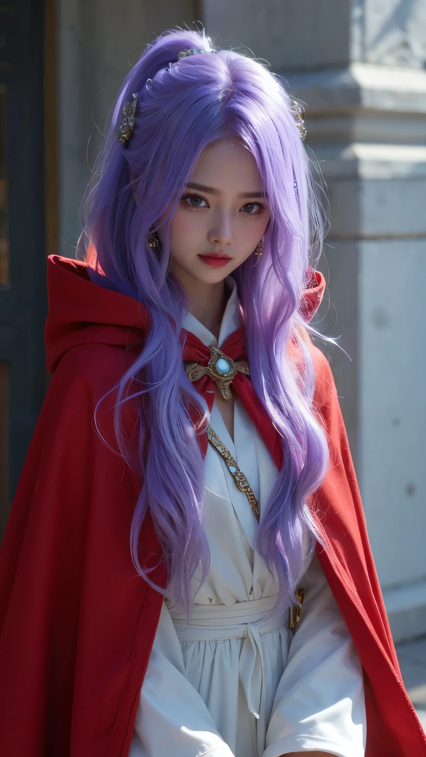 cute face. naked clear coat.dq pom , Long Curry . Blonde, earrings.、 Top Quality , bangs , Little head on the street :1.3 Ultra Realistic :1.2 , Masterpiece, Top Quality , More details, realistic lighting .A Broader Perspective. Stone construction、 fantasy . Outdoors
