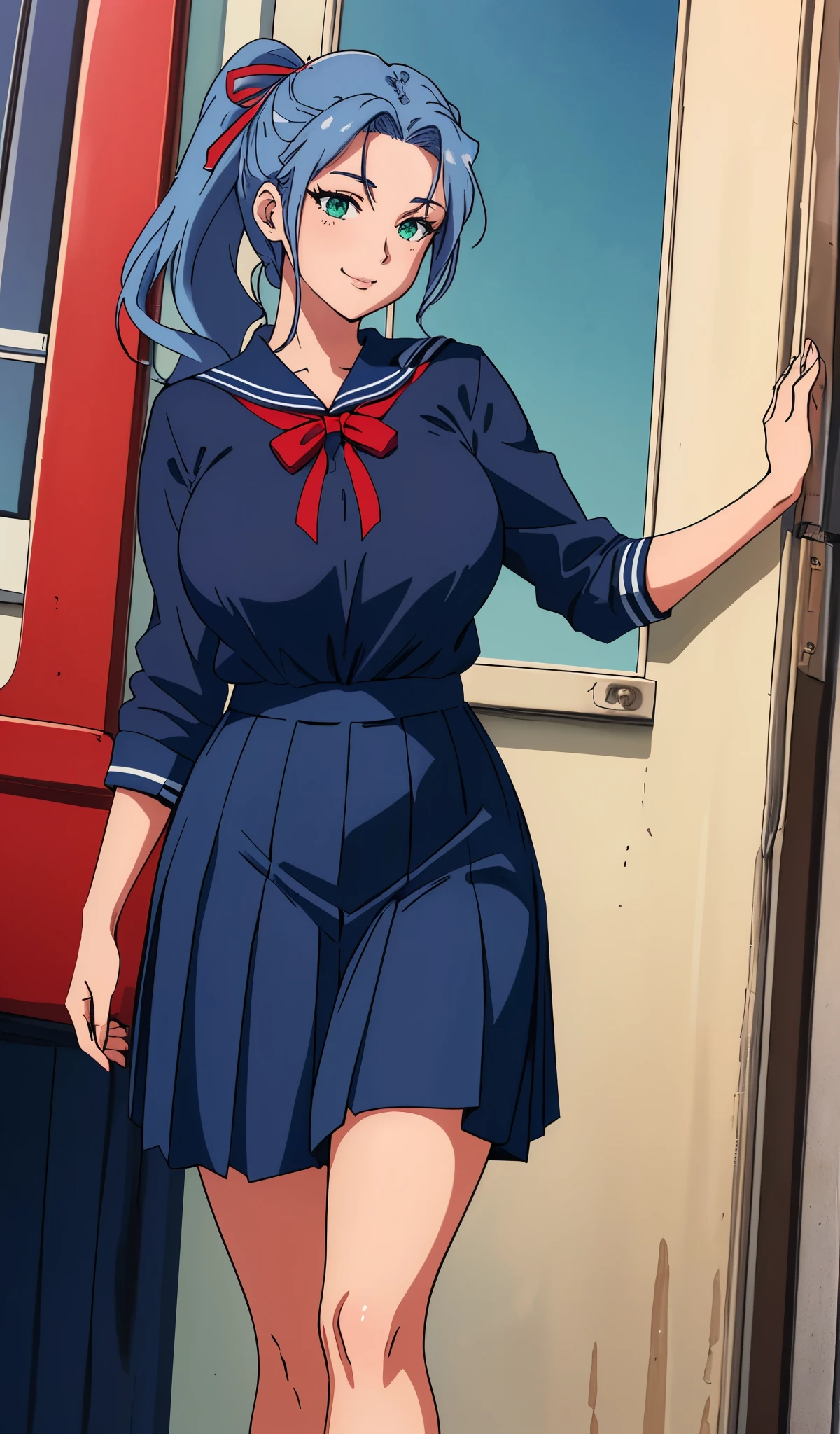 Young woman drawn in 80’s anime art style.
Retro anime. Vintage Anime. Classical Anime.
She has long and wavy ponytail blue hair, green eyes, full lips, and a beauty mark located under the right side of her mouth. She is well known for her curvaceous figure of which her most distinctive trait is her very large breasts. She has a sinister smile.
Meanwhile she is also visiting a High School!
She is wearing a sailor fuku (セーラー服, sērā fuku, sailor outfit) is a common japanese style of uniform worn by women, traditionally by high school female students.
The uniform generally consists of a sailor-styled blouse attached with a (Navy blue sailor-style collar) and a Dark Navy Blue Sailor Blouse. The length of the long skirt goes down past her ankle.
A ribbon is tied in the front and laced through a loop attached to the sailor blouse. The color is the ribbon is red. (RED RIBBON)
(Dark Navy Blue Sailor Shirt)
(Dark Navy Pleated Skirt)
(High School)
