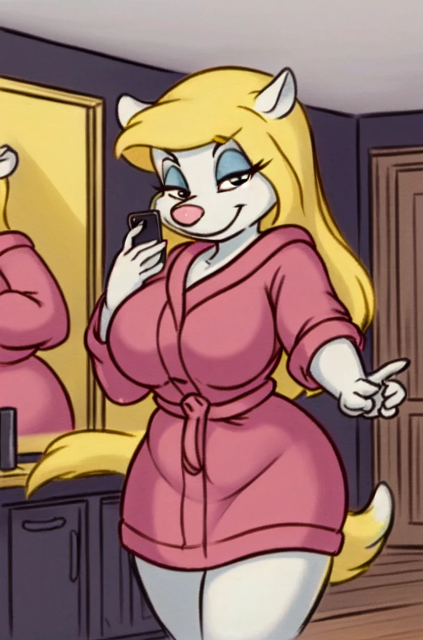girl, alone, white background, furry, anthropomorphic goat, anthro, animal body, asriel, undertale, big chest, big ass, wide hips, tall stature, green eyes, cartoon, smile, blue coat, black blouse and brown pants, face for the viewer.