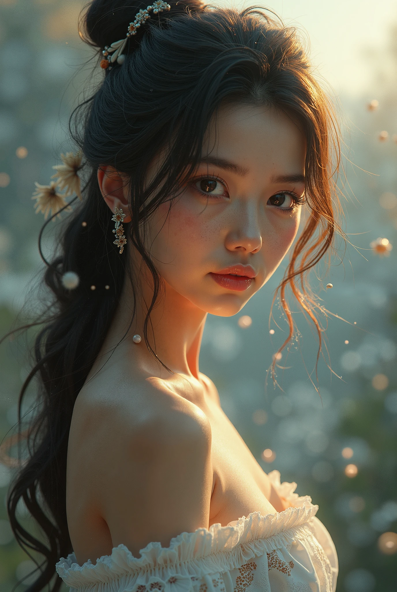 There is a woman with a flower in her hair posing for a picture - SeaArt AI