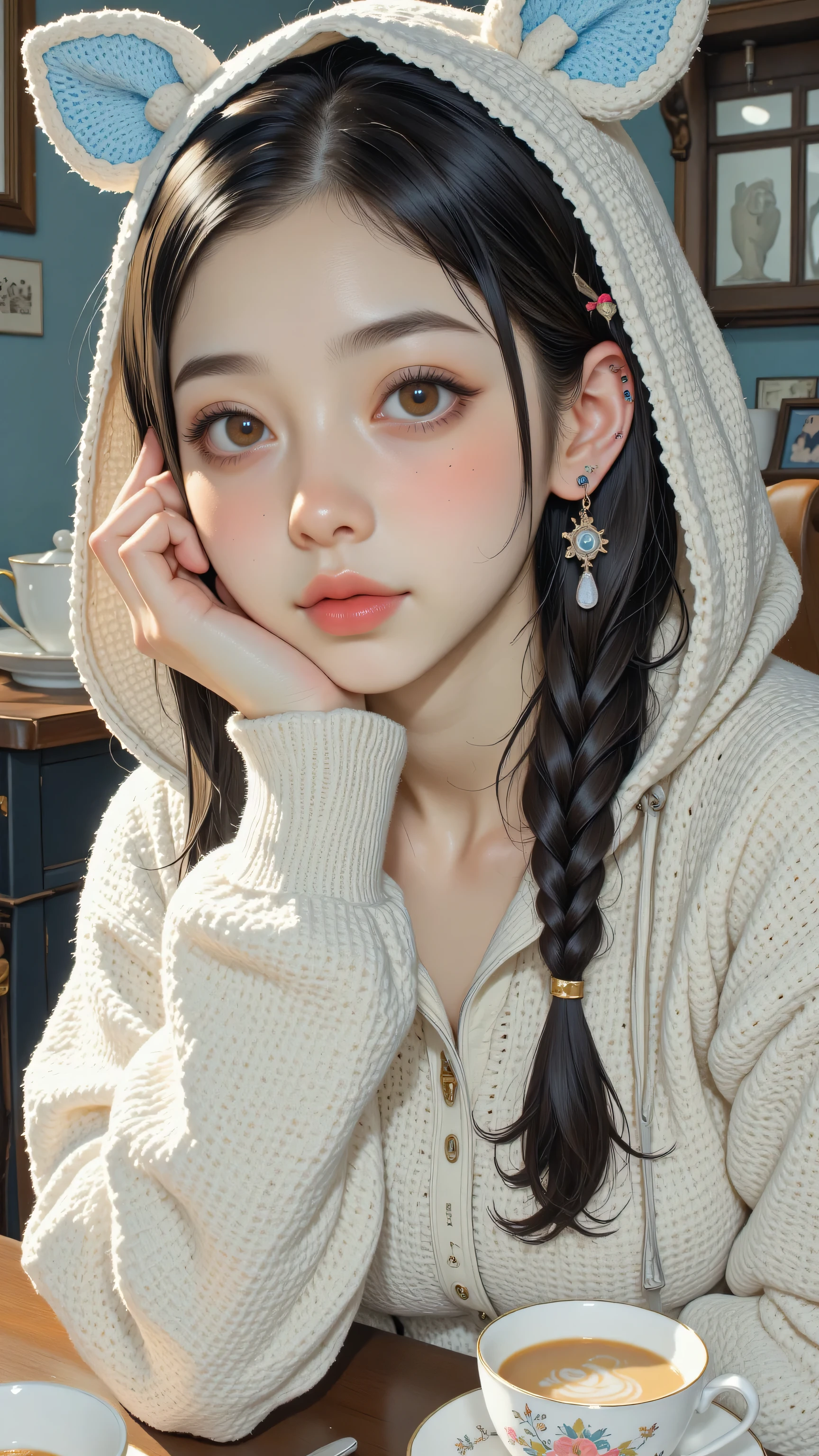 8k, masterpiece, highest quality, Korea's Beautiful Women, Close-up, rosy cheeks, defined eyes, serene, contemplative, light pink, textured, popcorn stitch, bobbles, hooded, large, light blue ears, floral appliqués, crocheted, delicate, small, light-colored, crocheted item, flower, bag, vintage, antique, indoors, table, teacups, dreamy, romantic, soft lighting, pastel, handmade, artistry, femininity,