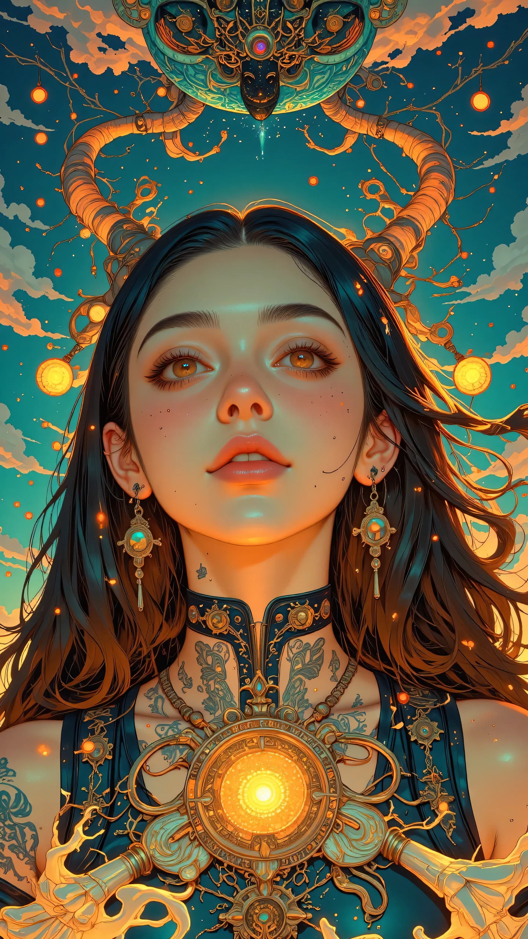 8k, masterpiece, highest quality, Korea's Beautiful Women, glowing skin, fire hair, sparkling freckles, ethereal beauty, cosmic eyes, magical aura, golden light, radiant face, mystical atmosphere, vibrant colors, enchanted forest, fairy tale, otherworldly, dreamy, surreal, digital art, hyper-realistic,
