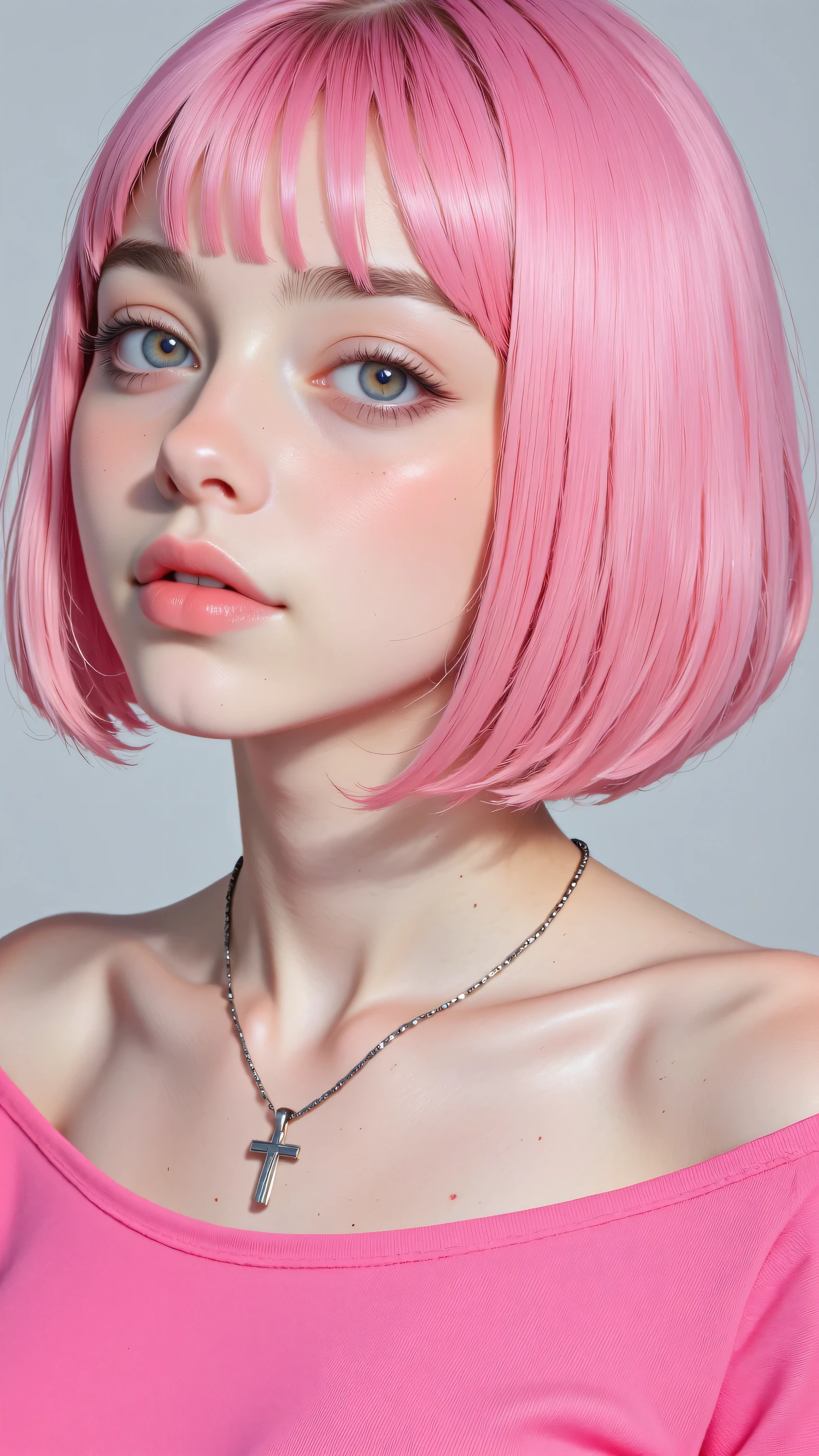 8k, masterpiece, highest quality, Korea's Beautiful Women, vibrant pink hair, blue eyes, shoulder-length bob haircut, bangs, ethereal glow, soft lighting, pale skin, coral lipstick, delicate features, neon pink top, minimalist necklace, chest tattoo,