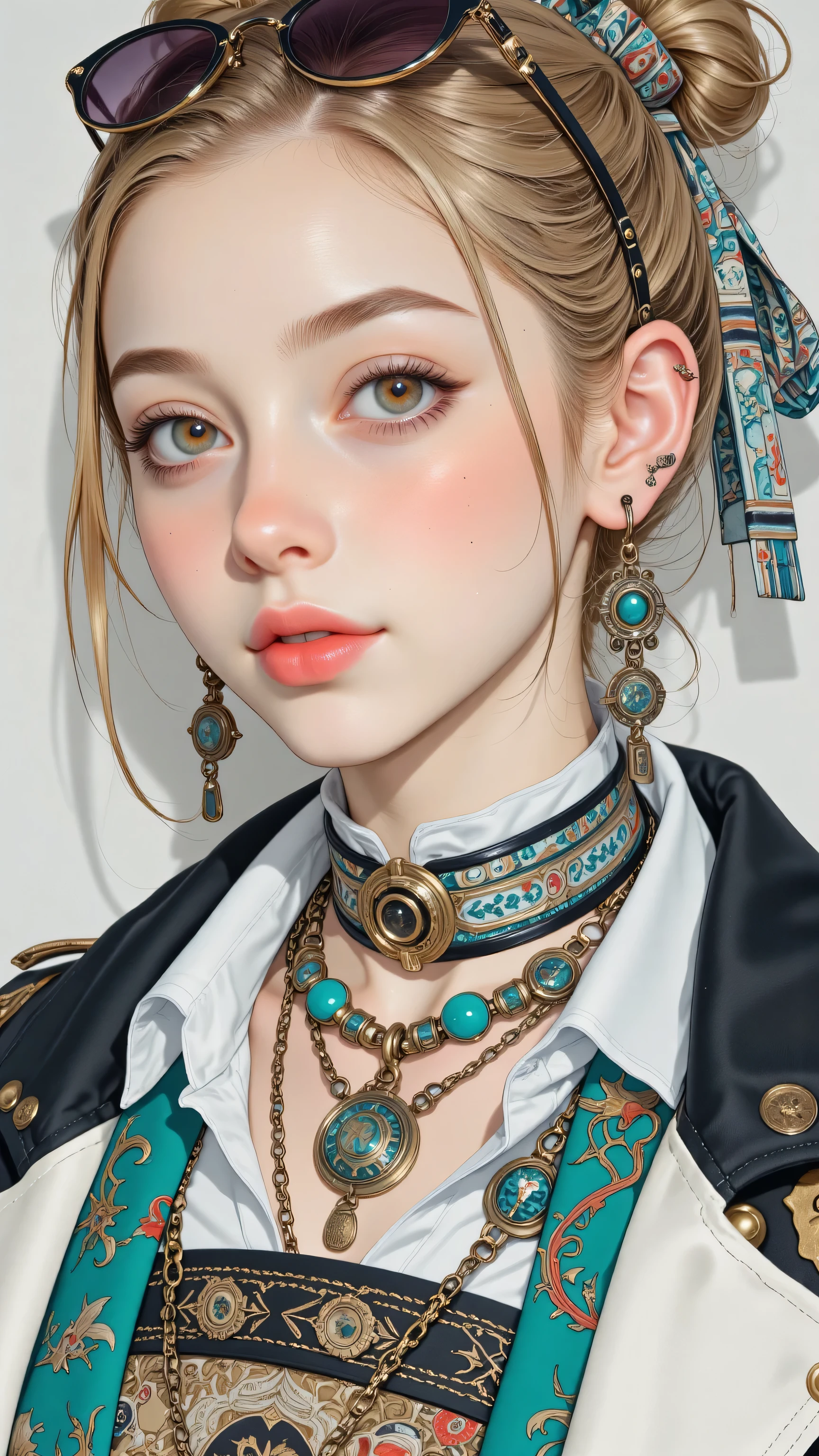 8k, masterpiece, highest quality, Korea's Beautiful Women, Close-up, blonde, buns, silk, bow, black-white, patterned, round, sunglasses, coral-pink, red, lipstick, necklaces, turquoise, gold, earrings, striped, jacket, teal, wall.