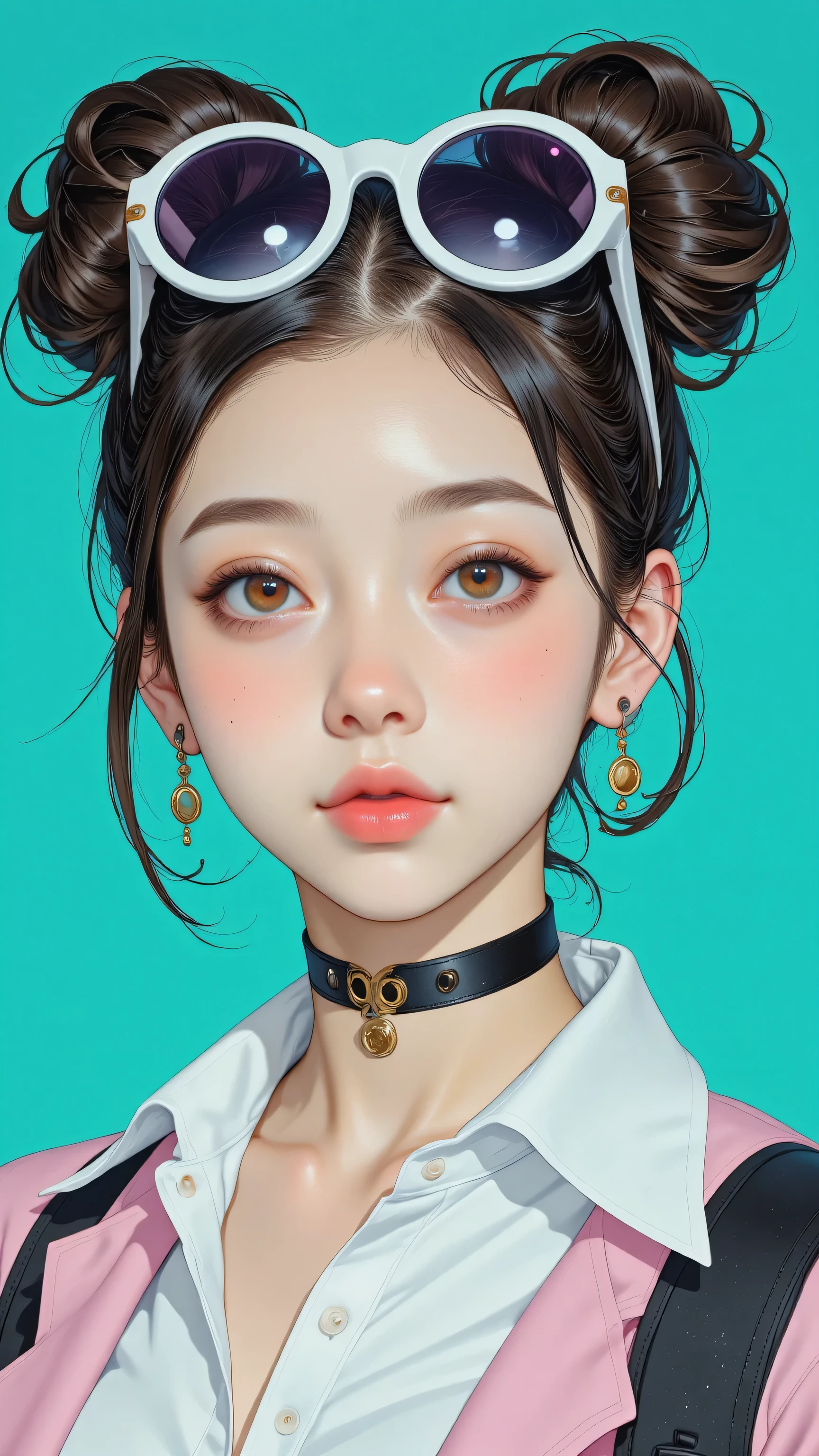 8k, masterpiece, highest quality, Korea's Beautiful Women, Close-up, frontal, hairstyle, large, round, puffs, buns, symmetrical, sunglasses, white, square, large, bubblegum, pink, shirt, white, black, sleeve, choker, black, earrings, gold, hoop, background, teal, aqua, solid.