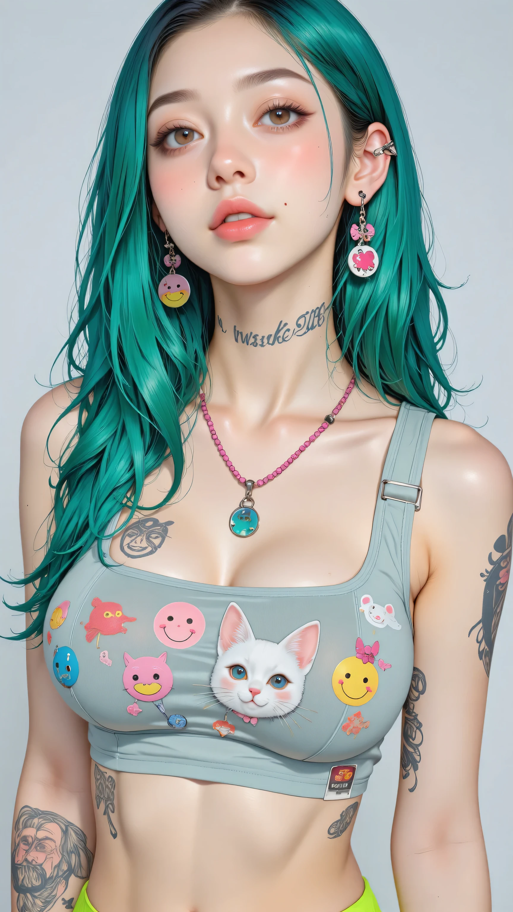 8k, masterpiece, highest quality, Korea's Beautiful Women, Close-up, teal hair, wavy, fair skin, neutral expression, transparent top, colorful stickers, smiley faces, animals, charms, square neckline, thin straps, pink necklace, tattoos, visible arms, midriff exposed, neon bottoms, light gray background.