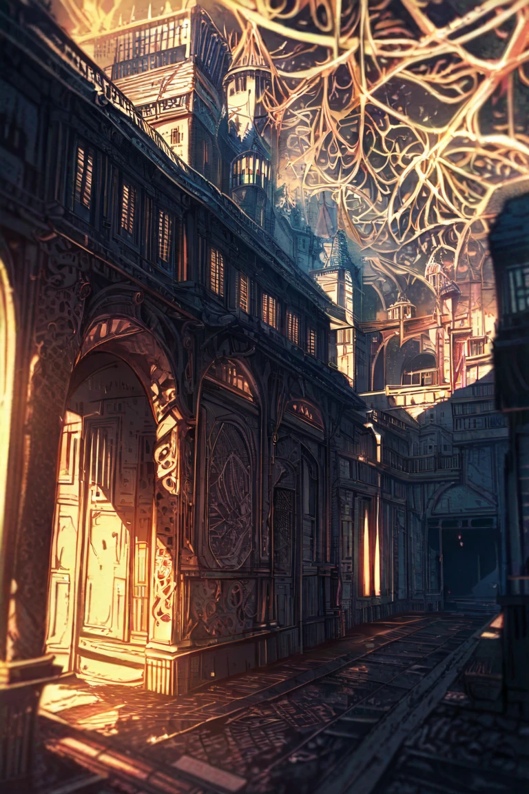 (Japanese anime drawing style), color pencils,masterpiece,best quality,cinematic lighting,natural shadow,highest detail,professional artist,detailed background,depth of field,insane details,intricate,aesthetic,detailed face,subsurface scattering,looking at viewer, a mysterious horrific mansion in abandon and desolate yard, dark and haunted scenery