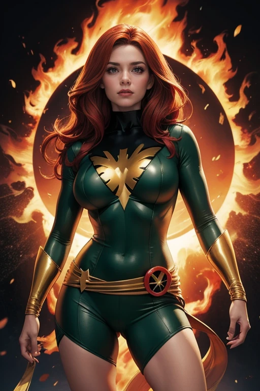 (((A comic style, cartoon art))), A comic book-style image of Jean Grey in dynamic epic hero pose, with her as the central figure. She is standing with her hands on her hips, looking straight ahead with determination. She wears a green and gold outfit, (((Hot body, sexy, camel toes))) . She has long, straight ginger hair, blue eyes and red lips. She has a serious and confident expression, as if she is ready to fight evil. higly detailed, cinematic abstract ((cosmic galaxy background)) .