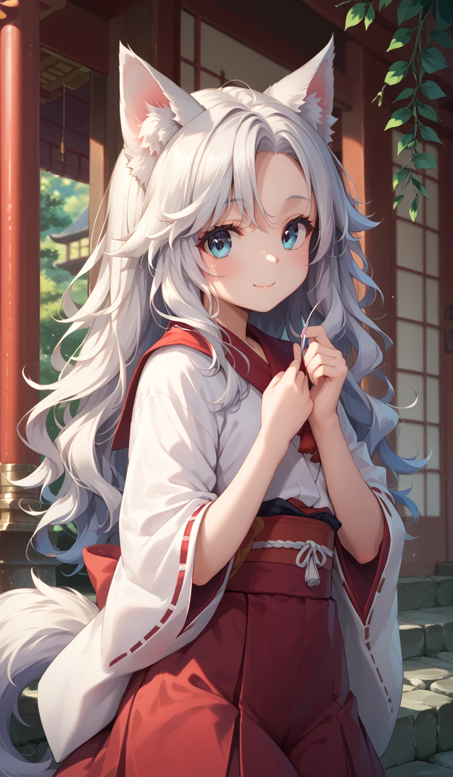 Very Small Very young wolf girl in a shrine maiden outfit acting cute at a shrine, Long wavy white hair with white wolf ears and a fluffy white tail.