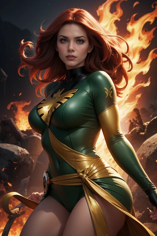 masterpiece, realistic. A beautiful orange-haired huge, colossal breasted, red eyes, fire witch, dressed as the green arrow, blood, light particles, light rays, wallpaper, high contrast, colorful,
