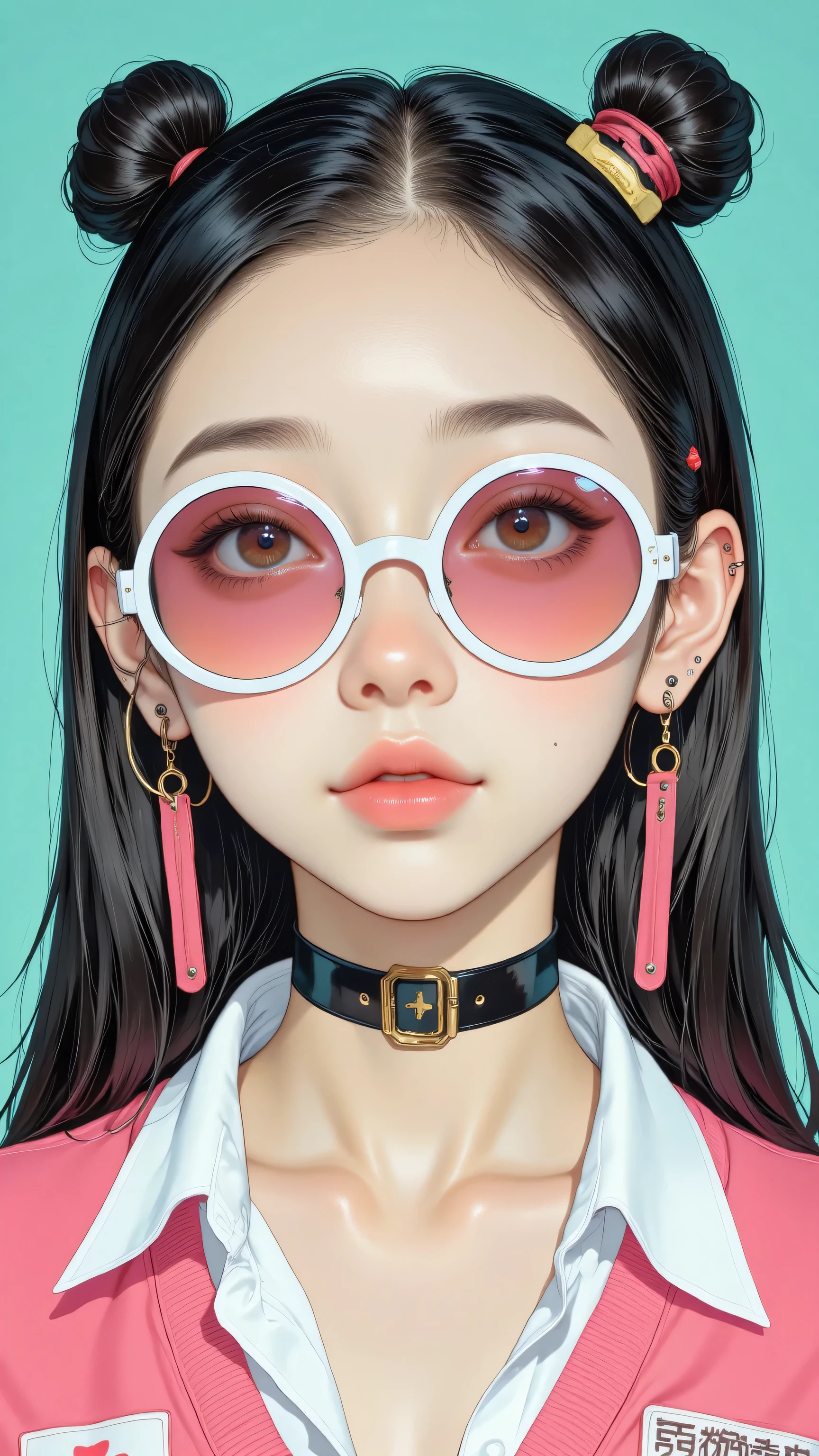 8k, masterpiece, highest quality, Korea's Beautiful Women, Close-up, frontal, hairstyle, large, round, puffs, buns, symmetrical, sunglasses, white, square, large, bubblegum, pink, shirt, white, black, sleeve, choker, black, earrings, gold, hoop, background, teal, aqua, solid.
