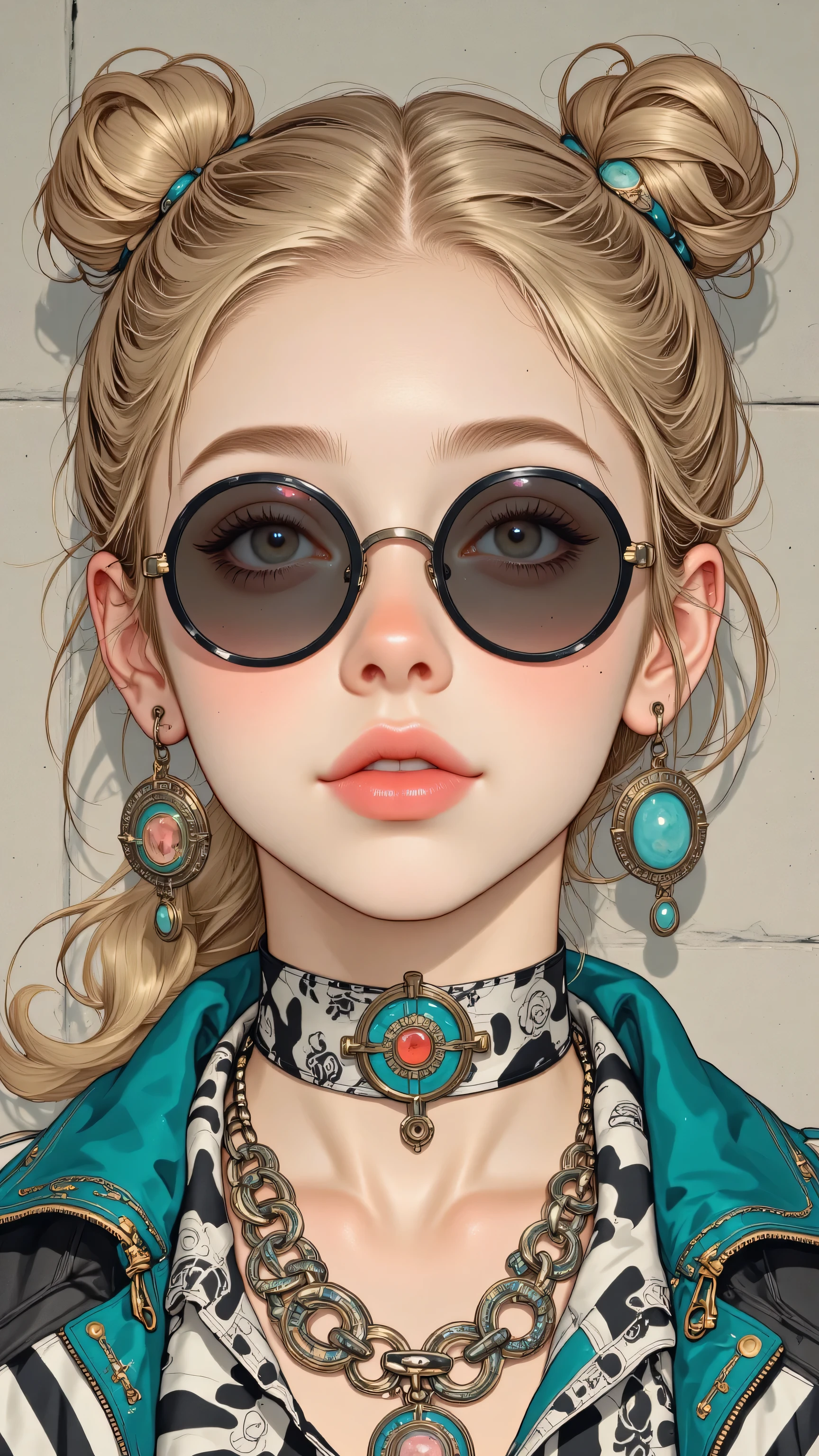 8k, masterpiece, highest quality, Korea's Beautiful Women, Close-up, blonde, buns, silk, bow, black-white, patterned, round, sunglasses, coral-pink, red, lipstick, necklaces, turquoise, gold, earrings, striped, jacket, teal, wall.