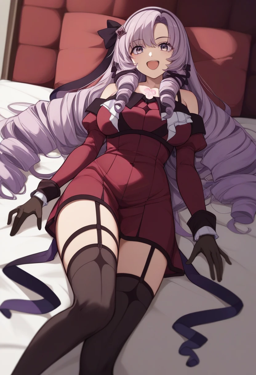 salome, hair ribbon, hairband, chest tattoo, very long hair, bare shoulders, gloves, black gloves, dress, long sleeves, garter straps, thighhighs, black, bottomless, missionary position, spread legs, legs up