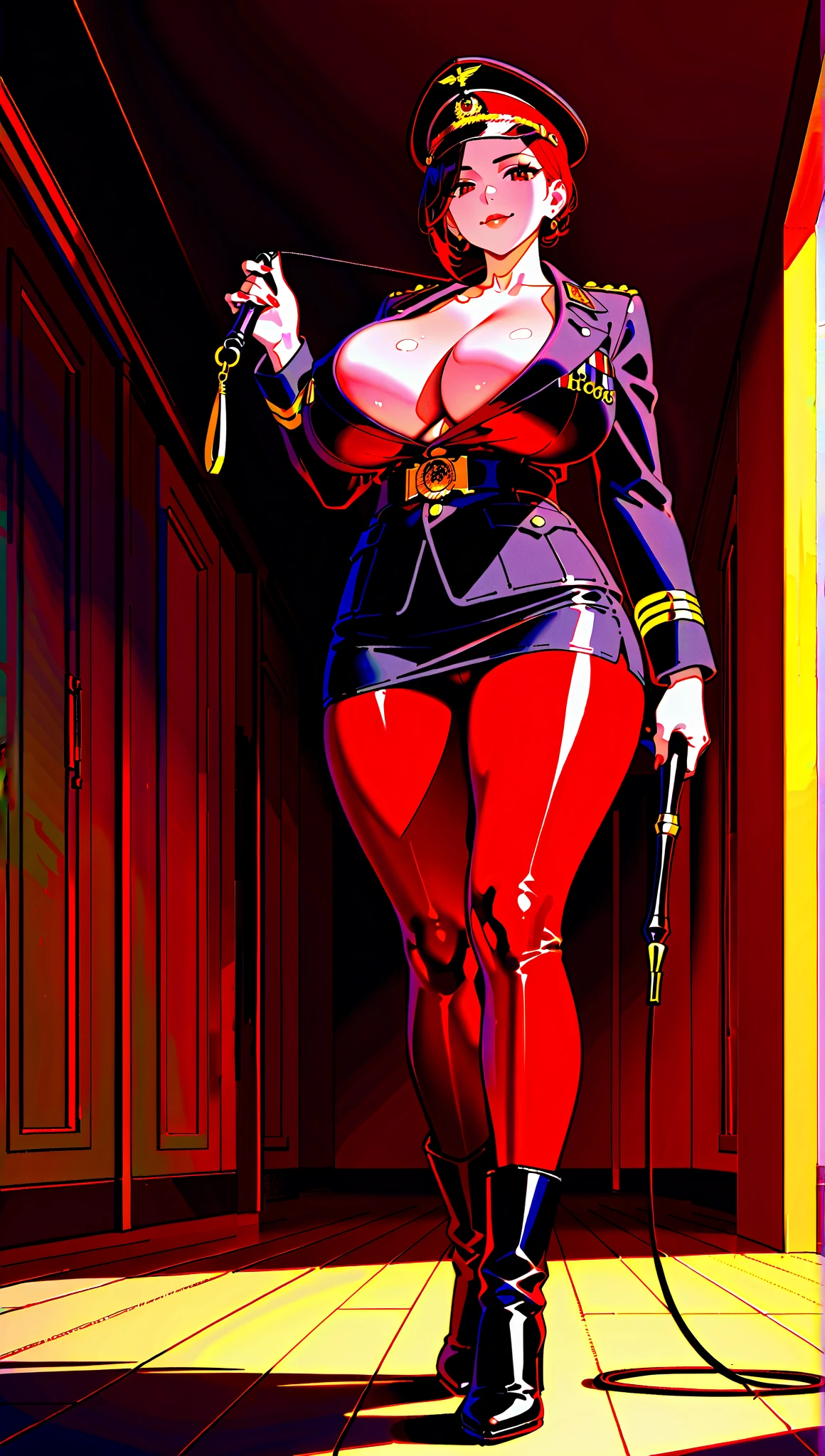 Femdom pretty domination girl with huge breast, upper class, luxury, triad female leader, Known for her impeccable fashion sense and elegant demeanor, she is a true embodiment of the Versace brand. Her body language is as captivating as her style dressed all red shiny rubber trench coat with (((dramatic high coat collar))) (((high and wide popped coat collar))), showcasing a unique combination of elegance and strength.  leather gloves and boots, elegant sit pose on throne, holding a whip, in torture room basement, surrounded and whorsip by naked men