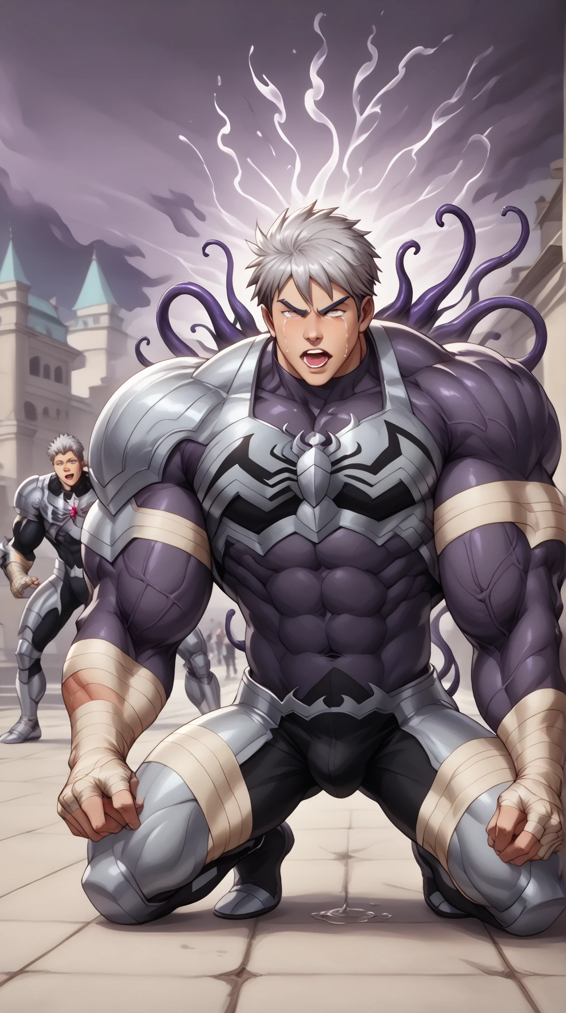 Toei animation style,(((Huge muscles))),Face the enemy,High definitionな顔,Hünkel,Handsome,good looking,((Huge penis,Anal Sex 1.7)),Crying face,Silver Hair,ejaculation,8k,High definition,Masterpiece,Detailed Description,Spike Hair,tall,Under eye paint,countless black tentacles,Sticking out tongue,Lean back,Spider Suit,ぺニスを揺らしながら,rape,Devilish wings,Cat ear,Partially torn armor,(((Black slime jumps into my solar plexus 1,8))),Open your mouth wide,Unfocused eyes，A huge black tear，Muscular penis,rape,Black light,Blood vessel,I was attacked by a black aura like an insubstantial mist.,A warm sigh,Orgy,Standing back sex,The devil takes over the body,A Crowd of Demon Boys