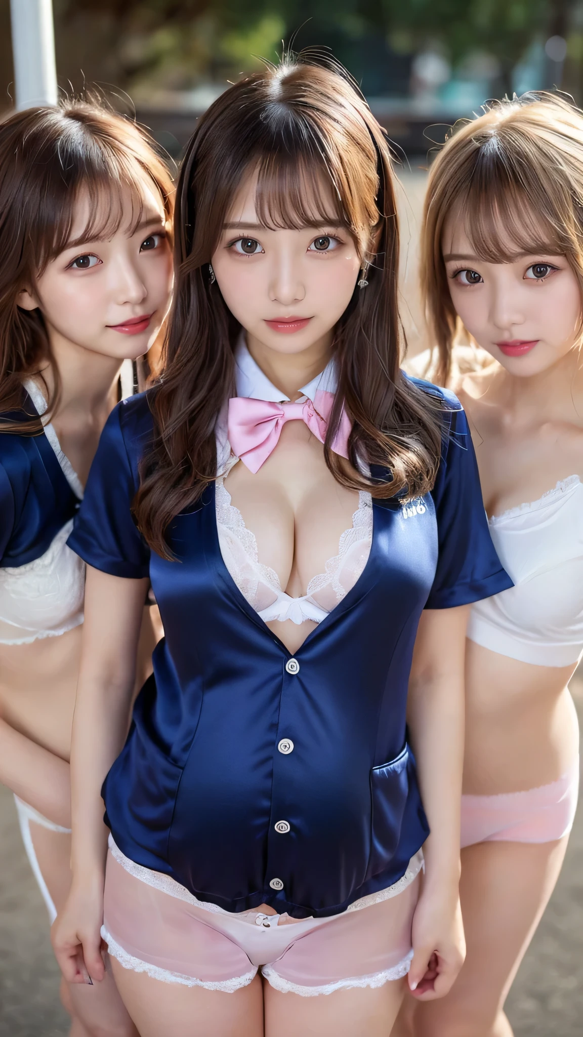 (Masterpiece, Professional lighting, 16k, 8k wallpaper, raw photo, photorealistic:1.8, ultra detailed, natural gentle lighting, detailed skin, detailed face, detailed eyes, textured skins, cinematic composition, detailed background:1.2 ), ( 4 young girls inside bed room:1.4, luxury furniture, feminine negligee:1.1 cleavage), looking at viewer, Shy face, shy, embarrassed, grin:0.7, silky skins, no makeup, glossy lips, group shot, (view pantie), (3 girls:1 perfect style, slender), ((attractive feminine body)), silky panties, ((wearing identical seifuku, mini skirt, topless, choker