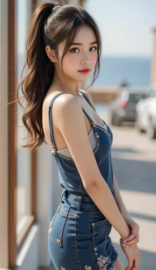 Dark brown hair、Light brown eyes、Japanese actress、 Lady、I am about 40 years old............、(Intricate details:1.2)、 (Ultra-high resolution:1.2)、Ultra-high resolution、(Finely tuned)、(Detailed facial features)、Hmph、8K resolution、D cup size breasts、Long Hair、Tullesuperior、Frillssuperior、Tulle　Frills　superior、Denim pants、At the terrace cafe、Bask in the sunlight、Sit on a chair on the terrace、summer、hot、Trending Fashion、2024、Please open your jaw a little、Please open your mouth a little、Street cafes in Paris、Fashionable cafes in Paris、椅子から立ちsuperiorがる瞬間、Turn your ass towards me、thunder　Hair blowing in the wind、