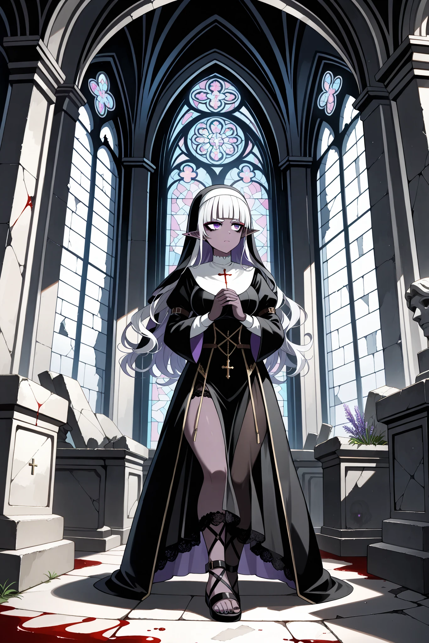 (Ultra-detailed face, Looking away, Gothic Illustration, Dark tone colors. She has five fingers on her hands and five toes on her feet.), BREAK
(Overlooking composition, midnight, medieval Eastern Europe, ruins of an old, huge Romanesque church, jet-black interior, fresh blood stained glass, twisted space, black gas, miasma, Victorian, decaying curtains, rotting furnishings, medieval knight's armor, stone statue of a demon.), BREAK
(A young elf nun stands with her back to the side of the Creedence table in a dark, ruined church chapel. Several thin, white, translucent figures float around her.), BREAK
(She has white hair, white eyebrows, blunt bangs, long wavy hair down to her feet, small pink lips, lavender eyes, dark purple skin, and thick eyeliner. Her eyes are downcast.), BREAK
(She wears a nun's veil and a dark gray nun's habit with black lace ruffles and embroidered religious paintings in crimson threads. She wears modest gray sandals.)