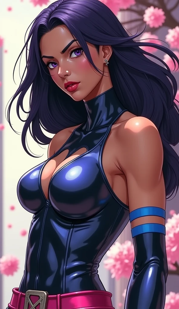 ((Sexy, tall and very beautiful kitana from mortal kombat videogame series)) ((dark eyeshadows make up)) (()) (()) ((big bright blue eyes)) (()) ((seductive)) ((very long straight black hair with high pony tail)) ((big breasts:1.5)) ((slender body:1.3)) ((wears blue leotard, long blue gloves, long knee high boots)) ((choker, ninja mask)) ((hold on hands metallic fan))((inside asian temple)) ((pale light)) ((high definition:1.5)) ((masterpiece:1.5)) ((8k:1.5)) ((Best quality:1.4)), more_details:-1, more_details:0, more_details:0.5, more_details:1, more_details:1.5, ((fighting pose))